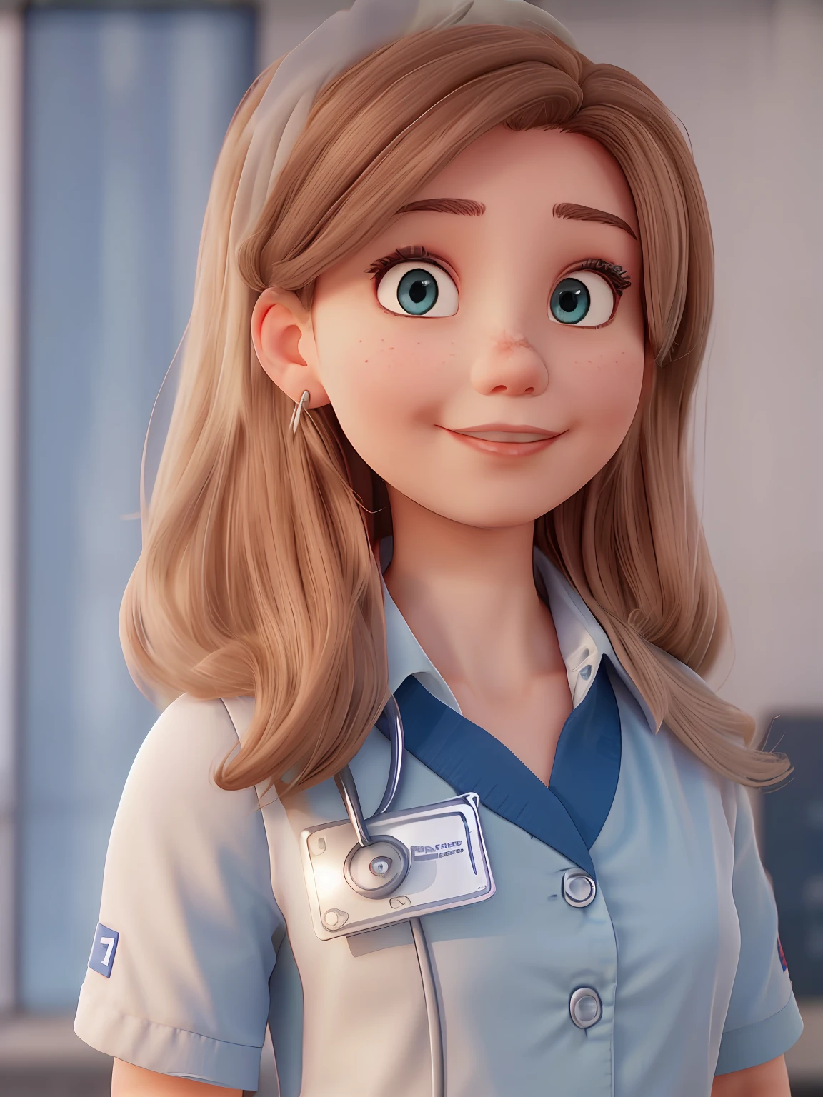 (Young woman nurse: light brown hair, gentle blue eyes, flawless white uniform, looking at the camera, in a calm hospital setting)