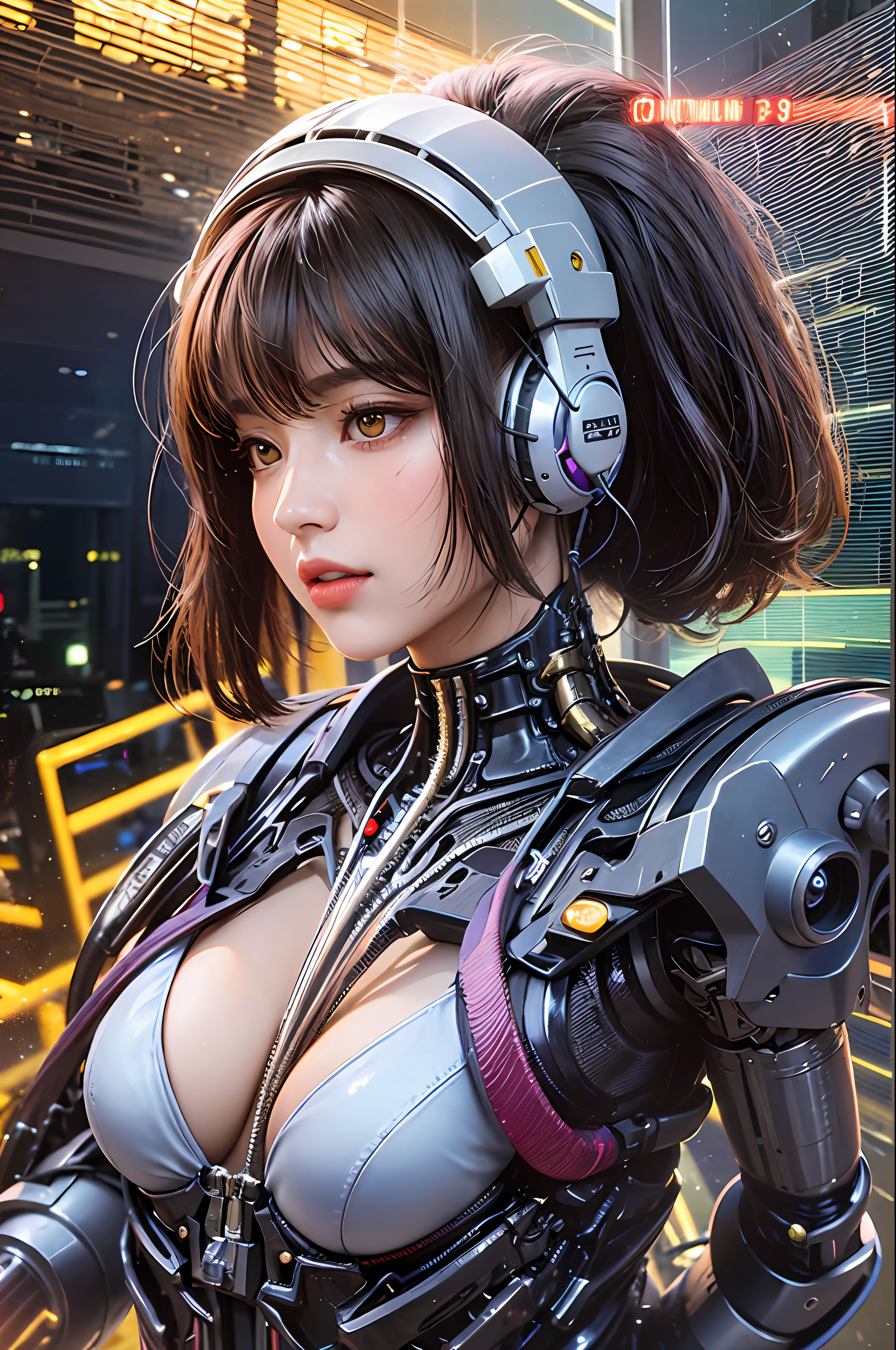Top quality, masterpiece, ultra high resolution, (photorealistic: 1.4), raw photo, futuristic town perspective, futuristic skyscrapers, futuristic street corner, one girl, black hair, shiny skin, 1 Gundam girl, (((ultra-realistic details)), Sydmide style mecha design, portrait, global illumination, shadows, octane rendering, 8K, Ultra sharp, big, cleavage exposed raw skin, metal, intricate ornament details, headset, hydraulic cylinder, very intricate details, realistic light, CGSoation trend, purple eyes, glowing eyes, facing the camera, neon details, mechanical limbs, blood vessels connected to tubes, mechanical vertebrae attached to the back, mechanical cervical attachment to the neck, sitting, wires and cables connecting to the head, Gundam suit, cyberpunk, small LED lamps,