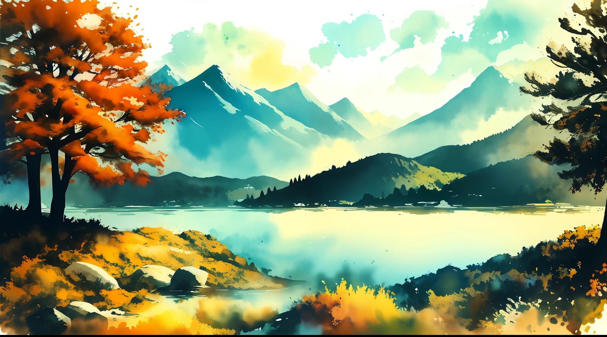 white background, landscape, paint, mountains, water, trees, orange and green watercolor style