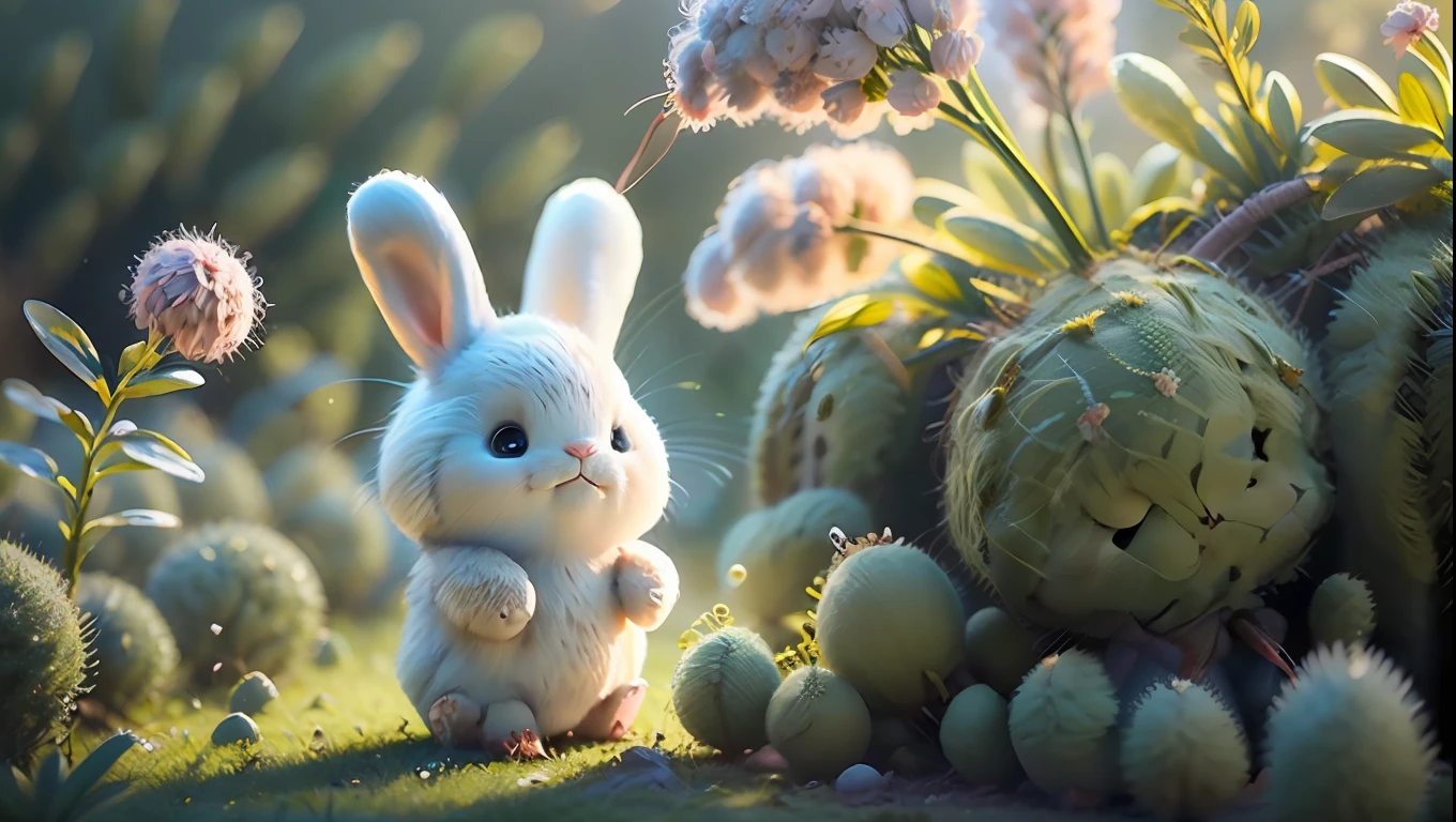 Cute rabbit, coming out of his rabbit hole, is a non-human character, white hair, red eyes, dancing in the long grass, rabbit ears fluttering in the wind, bright smile in the sun, soft and delicate light and shadow, dark background highlighting rabbit, pastel style filter.