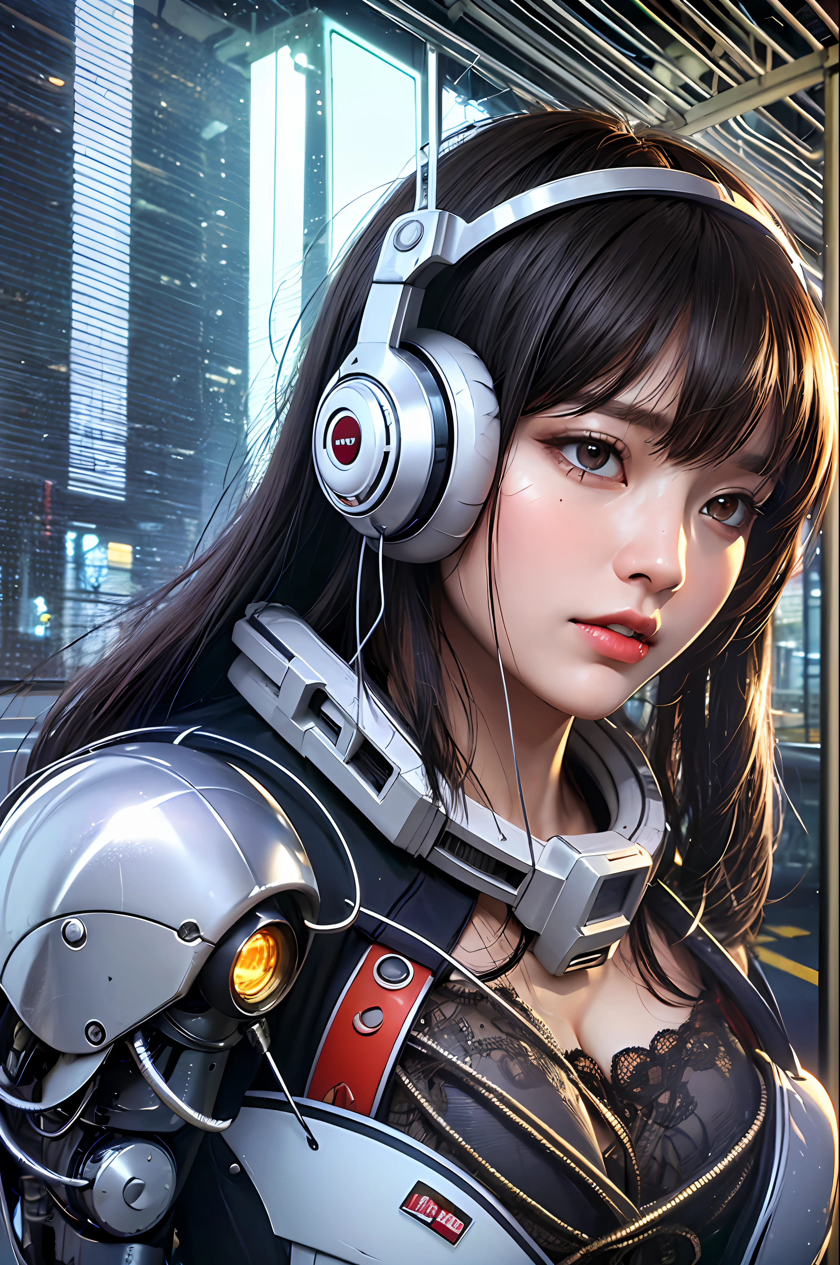 Top quality, masterpiece, ultra high resolution, (photorealistic: 1.4), raw photo, futuristic town perspective, futuristic skyscrapers, futuristic street corner, one girl, black hair, shiny skin, 1 Gundam girl, (((ultra-realistic details)), Sydmide style mecha design, portrait, global illumination, shadows, octane rendering, 8K, Ultra sharp, big, cleavage exposed raw skin, metal, intricate ornament details, headset, hydraulic cylinder, very intricate details, realistic light, CGSoation trend, purple eyes, glowing eyes, facing the camera, neon details, mechanical limbs, blood vessels connected to tubes, mechanical vertebrae attached to the back, mechanical cervical attachment to the neck, sitting, wires and cables connecting to the head, Gundam suit, cyberpunk, small LED lamps,