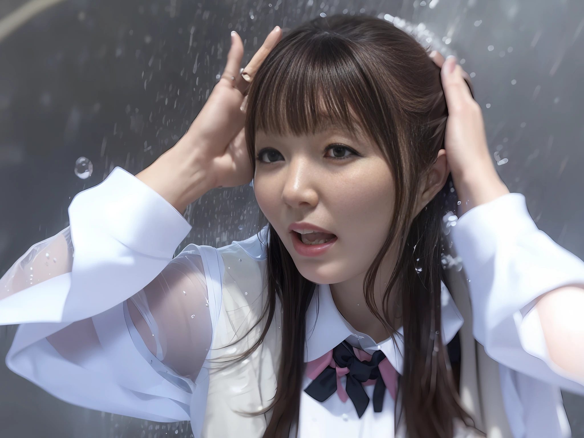 Alafed asian woman in uniform standing in waterfall, water is falling!, water is falling!, water is falling!!,!, covered with water droplets, water is falling, Japan live-action movie, Oka Yasumoto, Teshirogi Shiori, close-up Iwakura water, swept away by water, wearing Japan uniform, hanayata, drenched