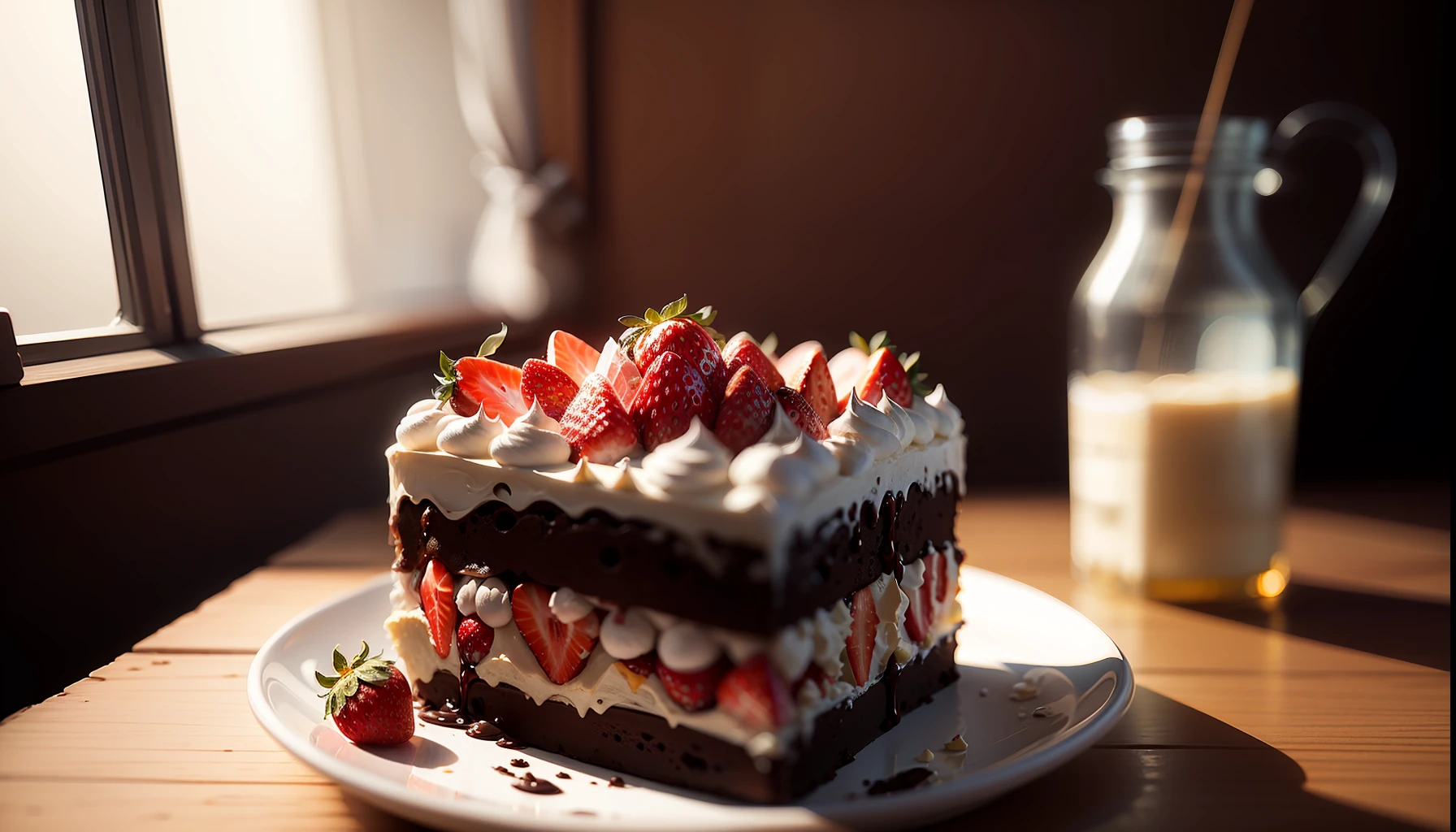(high quality masterpiece:1.5), layered chocolate cake slice, (strawberries on top, white marenque pieces), view from the side, photorealistic, high details, intricate, sharp focus, 8K, HD, Full-HD, Ultra-HD, Super-Resolution, Megapixel, subsurface scattering, edge lighting, rim light, rim lighting, best lighting, refreshing, lumen Reflections, screen space reflections, Post Processing, Post-Production, TXAA, De-Noise, shaders --auto