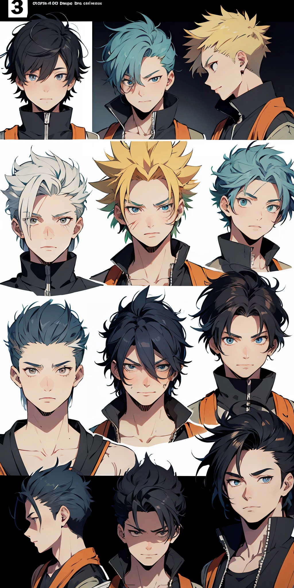 absurd resolution, high resolution, (masterpiece: 4.1), ultra-detailed, (character sheet)1 boy having the features of ichigo, Goku and Naruto, eyes of flames, blue hair, only face front, side and back.