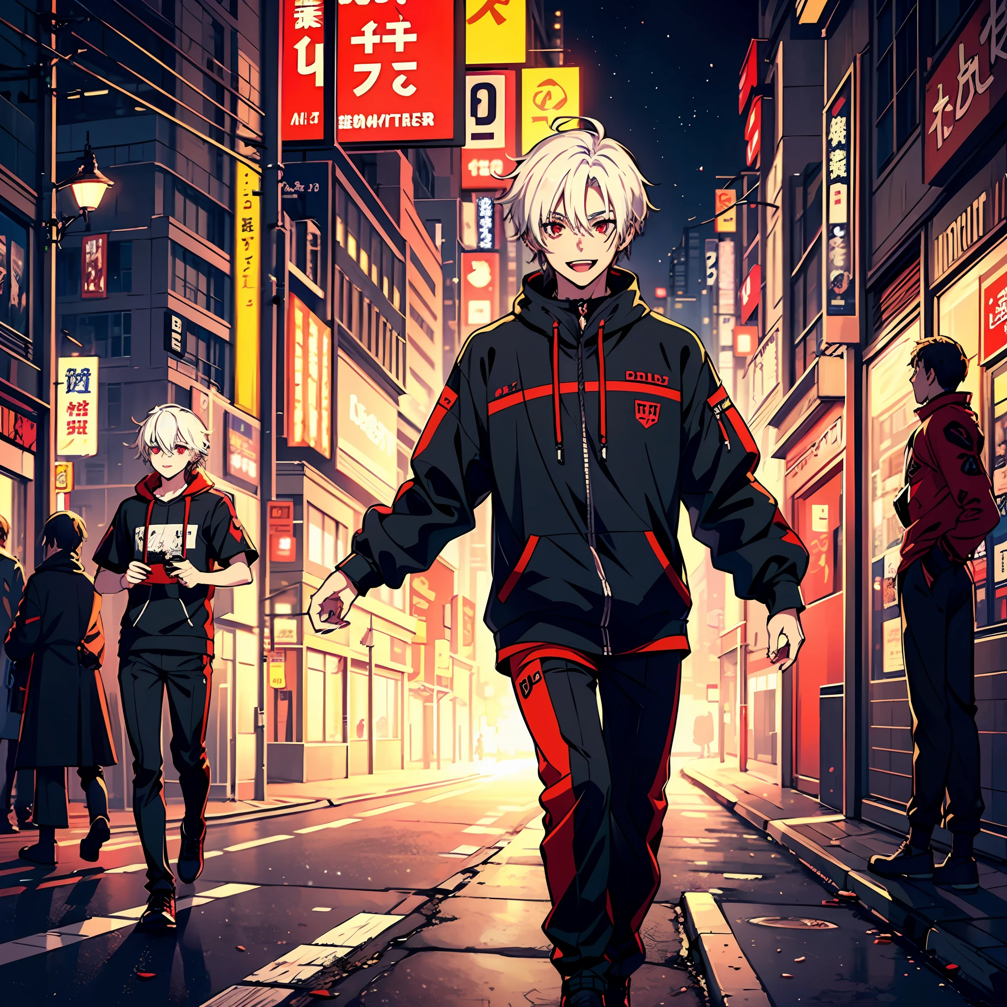 ((masterpiece)),(((best quality)))), (high quality, breathtaking),(expressive eyes, perfect face), 1boy, male, short, young, large, short white hair, red eyes, smiling, black streetwer clothes, urban, in a very dark tokyo location, moonlight,with people passing by him ,he with bright scarlet eyes, with vampire fangs(FULL HD) (4K) a male character, Teenager with white hair and scarlet eyes and vampire fangs and ultra detailed techwear clothes, in anime traces on a dark street, with little light and people passing by him, at night in a Tokyo landscape