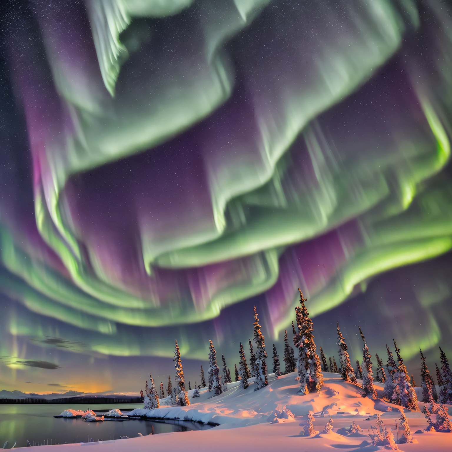 Create a backdrop for a book cover of the North Karelian Forest in winter with an aurora borealis in the sky. --auto