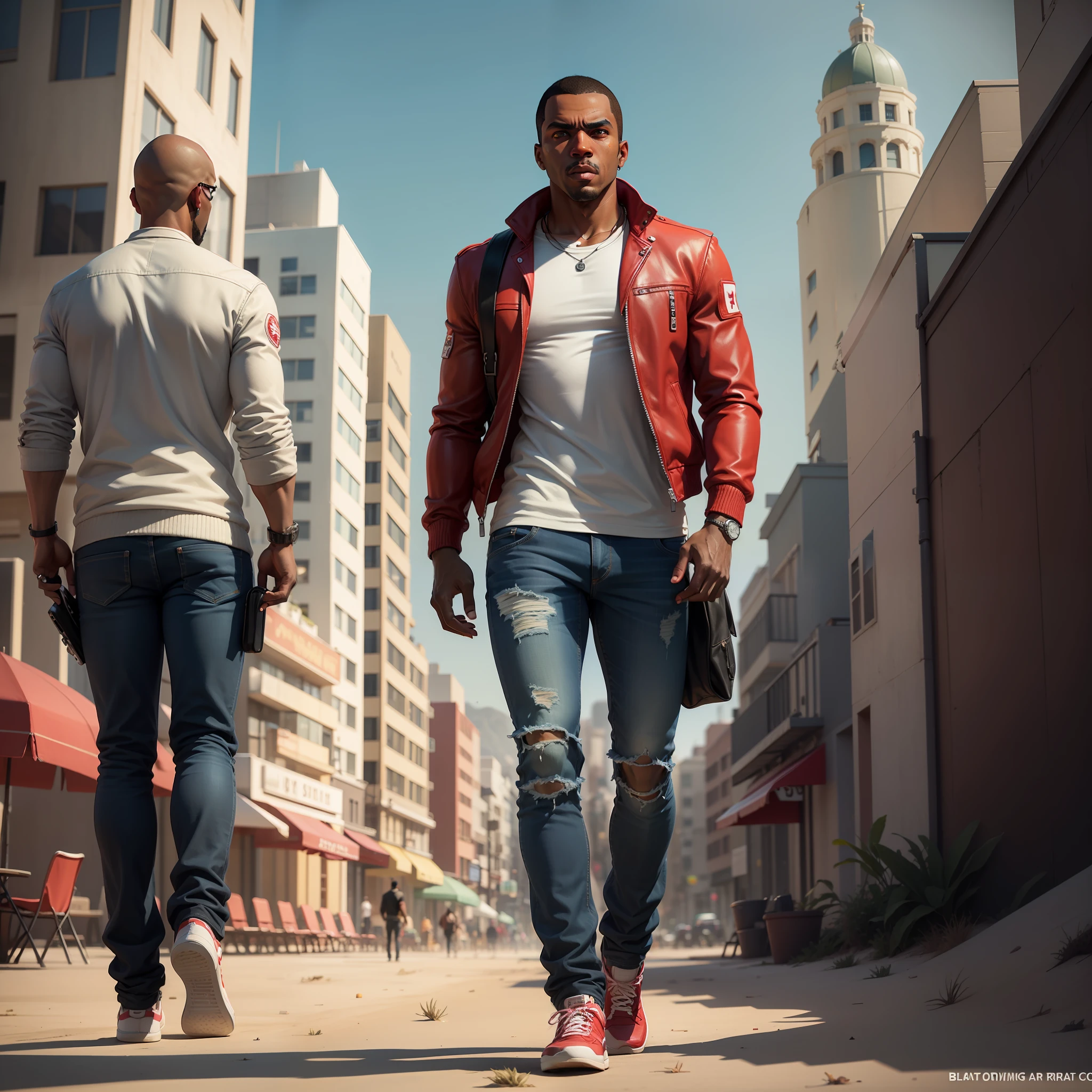 grand theft auto v,black man,shaved hair,open red jacket,jeans,on the beach of the city of san francisco