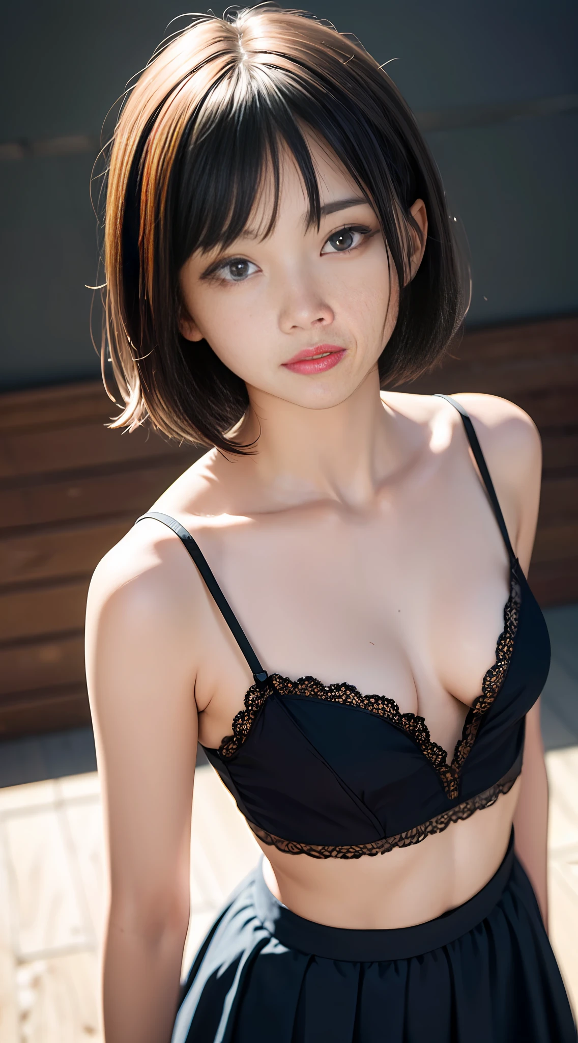 (masterpiece, best quality:1.4), 8k, 85mm, official art, absurdres, (downblouse:1.3), (from above:1.1), violaceaess, cute face, beautiful eyes, camisole, upper body, looking at viewer, short hair, bangs, small head, (smile:0.6), sharp focus, facelight, dynamic lighting, cinematic lighting, dramatic shadow, perspective, depth of field, highres, ultra detailed, finely detail, extremely detailed, detailed eyes and face, sharp pupils, realistic pupils, simple background, small waist, flare skirt