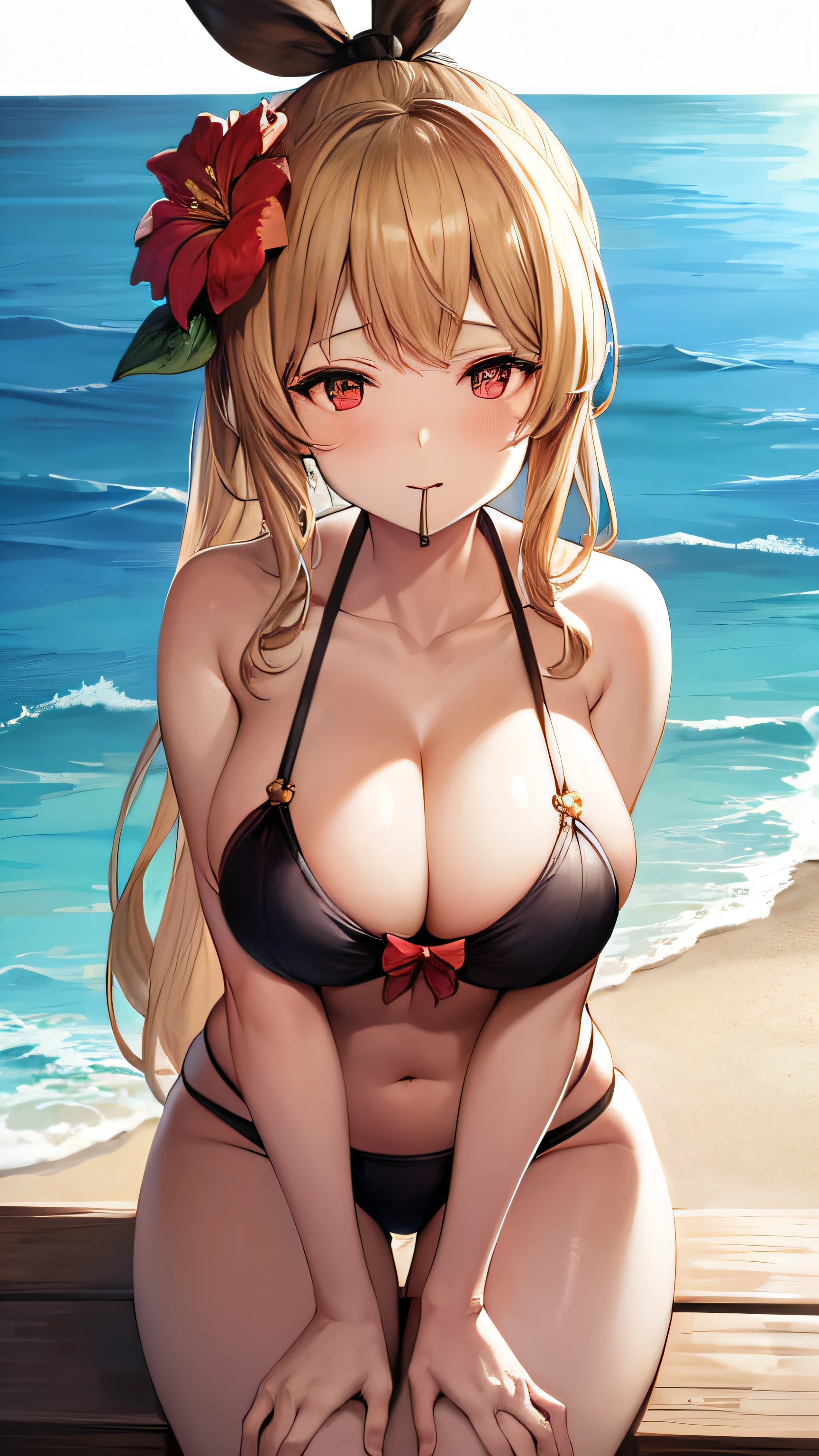 a cartoonized female in skimpy clothes near a beach standing close to the water, 1girl, vira (granblue fantasy), solo, breasts, swimsuit, official alternate costume, blonde hair, long hair, hair flower, cleavage, flower, bikini, red eyes, bow, hair ornament, finger to mouth, hair bow, large breasts, ponytail, day, black bow, navel, ocean, looking at viewer, outdoors, leaning forward