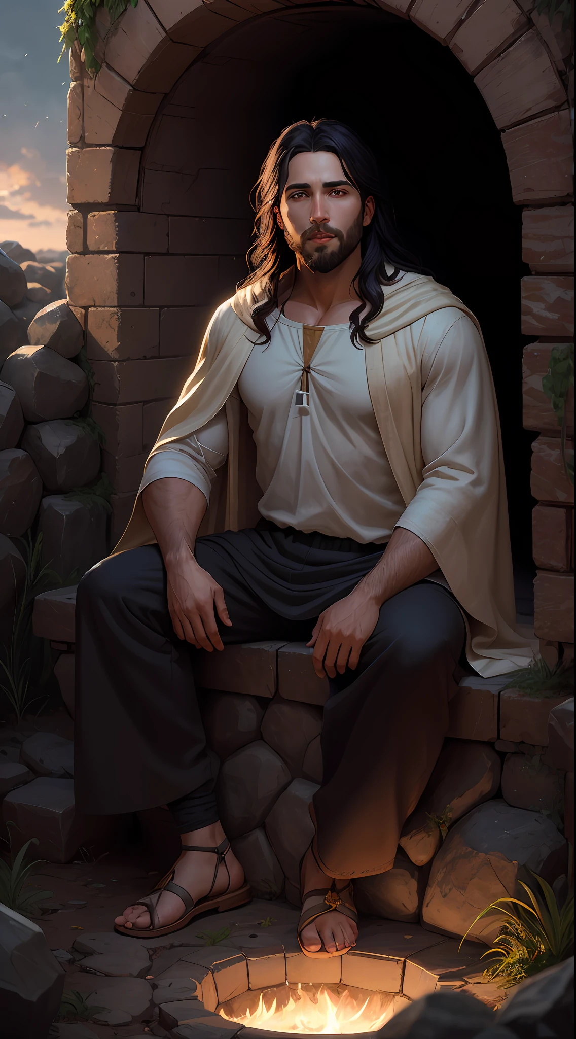 33-year-old man, appearance of Jesus Christ of Nazareth, clothes like Jesus of Nazareth, black hair, small beard, sitting in the Jericho well, looking forward, highly detailed, digital painting, splash art., art by Greg Rutkowski and Artgerm, soft cinematic light, Adobe Lightroom, Photolab, HDR, intricate, highly detailed,