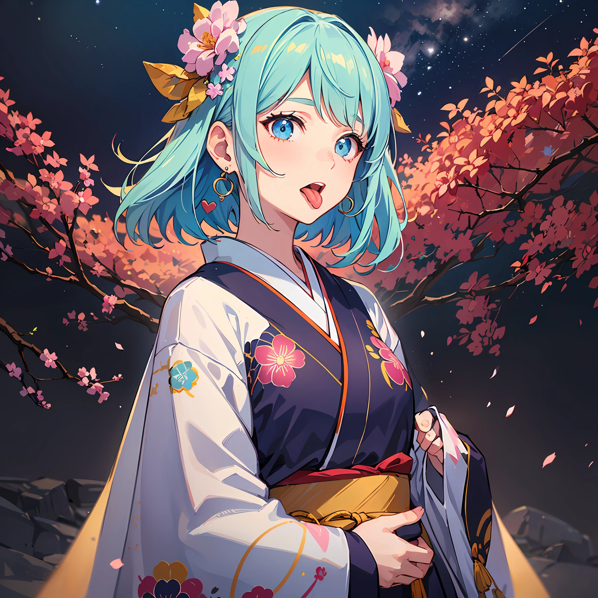 (((Masterpiece)))), ((Best Quality))), Hi-Res, Upper Body, Slouch, (Cute One Girl))), Solo, White Skin, Small, Eight-headed Body, (Light Blue Hair), ((Short Hair)), (Straight Bangs)), Beautiful Hair, Blue Eyes, Beautiful Eyes in Detail, (((Tongue)), Red Face, Heart, Orihime Costume, Pink Kimono, Hagoromo, Earrings, Outdoor, Milky Way, (Night), Shadow Lighting,
