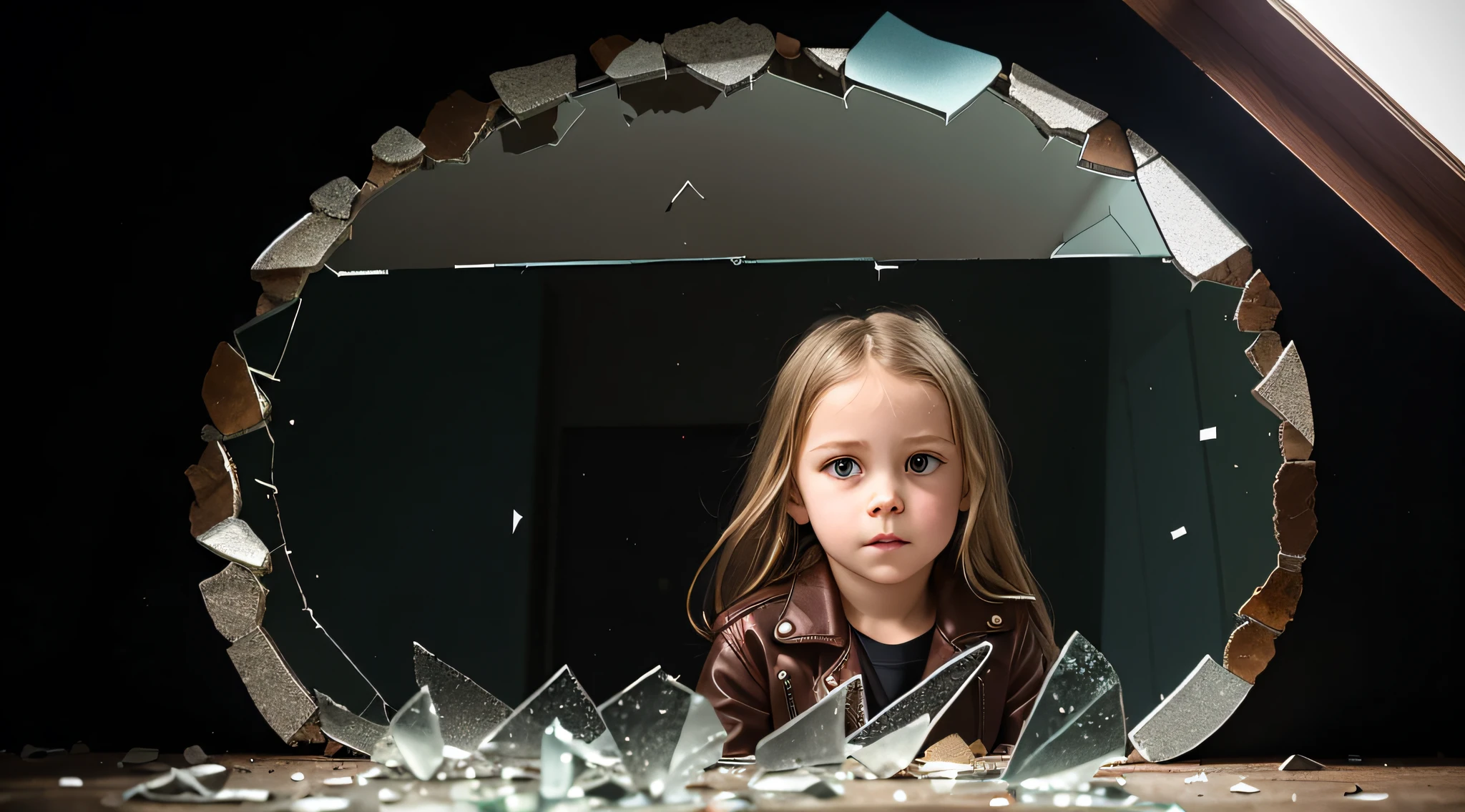 GIRL Russian child with 10 years, blonde long hair, closeup, in a black leather jacket, a closeup of a broken glass window with a black background, shattered glass, broken glass, broken glass ( (sun rays) ), glass breaking, vivid broken glass, a million shards of broken glass, photo of broken glass, shards of glass strewn about, shards of glass, broken, cracked glass, sharp glass shards, composition of broken mirrors, broken mirror