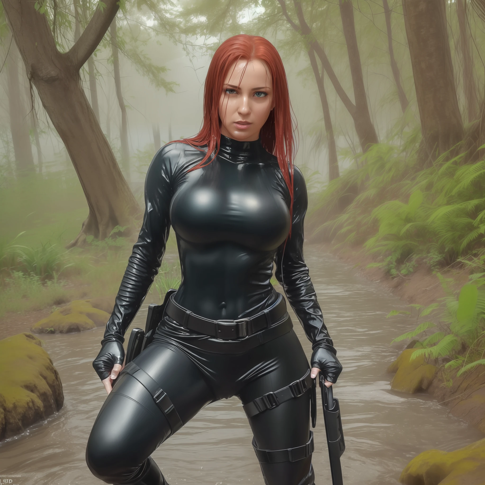 thoroughly drenched beautiful sultry red head woman ((35yr old)), ((35year old woman)), ((athletic)), in forest, armed, ((holster)), ((dynamic poses)), wearing (wet black spandex leggings), ((knee length boots)), (secret agent), (army girl), (clinging sheer cotton long-sleeved t-shirt), thoroughly drenched, very wet, ((soakingwetclothes)), ((slippery)), slick, sticky, swamp, clinging to chestline, wet hair, wet chest, wet body, wet face, (nobra), (no bra), cold, carnal, ((Same character)), (full body), (((multiple views of the same character))), wide shot, atmospheric perspective, masterpiece, best quality,
