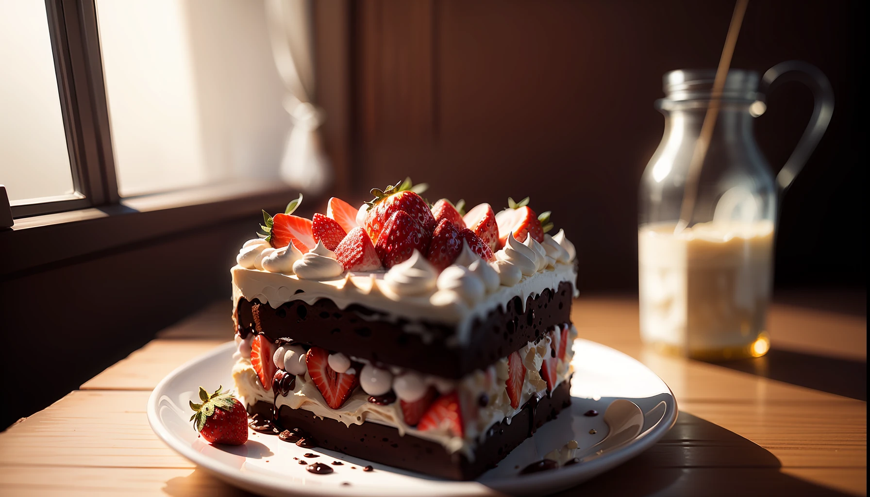 (high quality masterpiece:1.5), layered chocolate cake slice, (strawberries on top, white marenque pieces), view from the side, photorealistic, high details, intricate, sharp focus, 8K, HD, Full-HD, Ultra-HD, Super-Resolution, Megapixel, subsurface scattering, edge lighting, rim light, rim lighting, best lighting, refreshing, lumen Reflections, screen space reflections, Post Processing, Post-Production, TXAA, De-Noise, shaders --auto