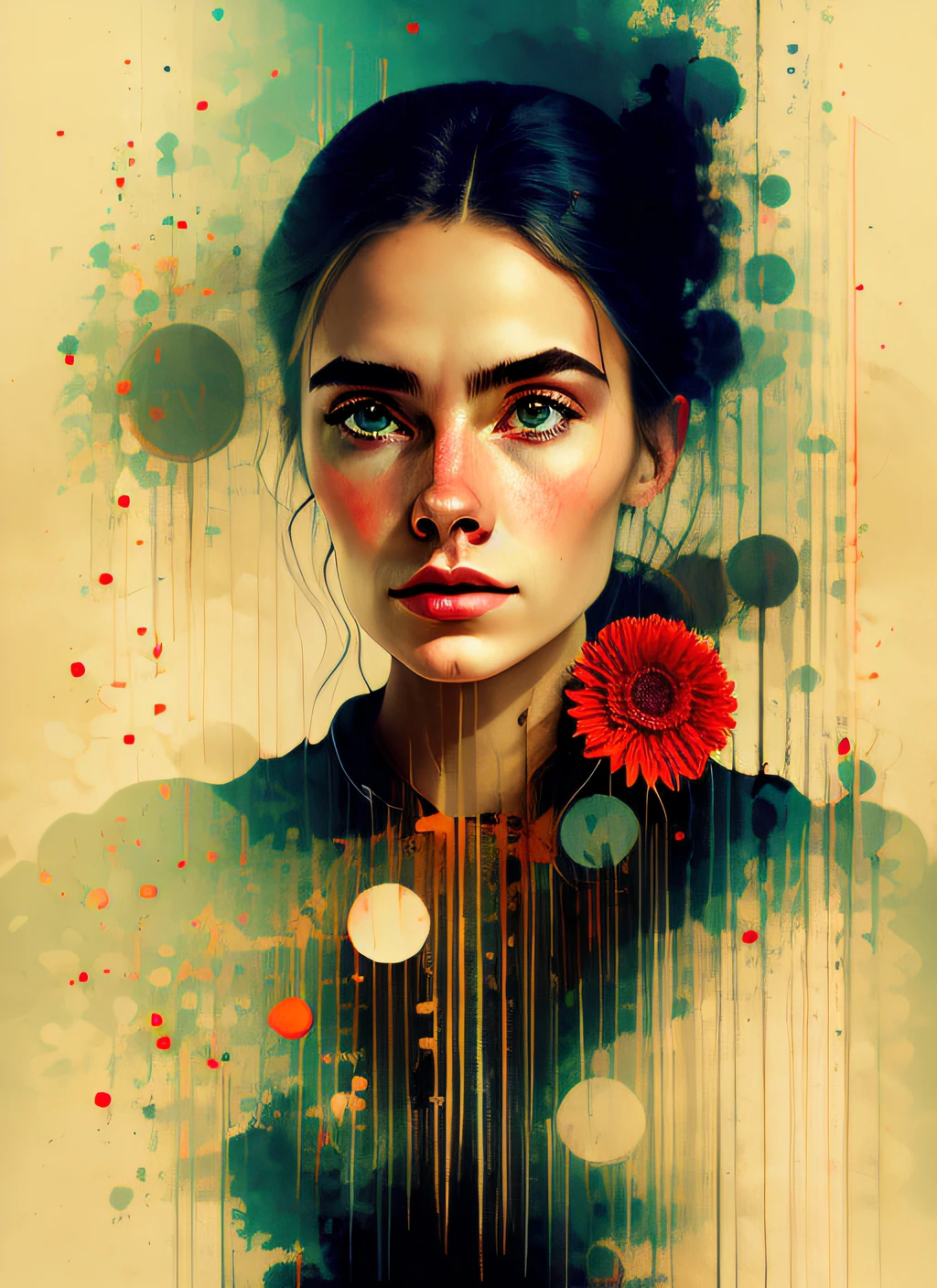 Charlie Bowater realistic Lithography sketch portrait of a woman, flowers, [gears], pipes, dieselpunk, multi-colored ribbons, old paper texture, highly detailed