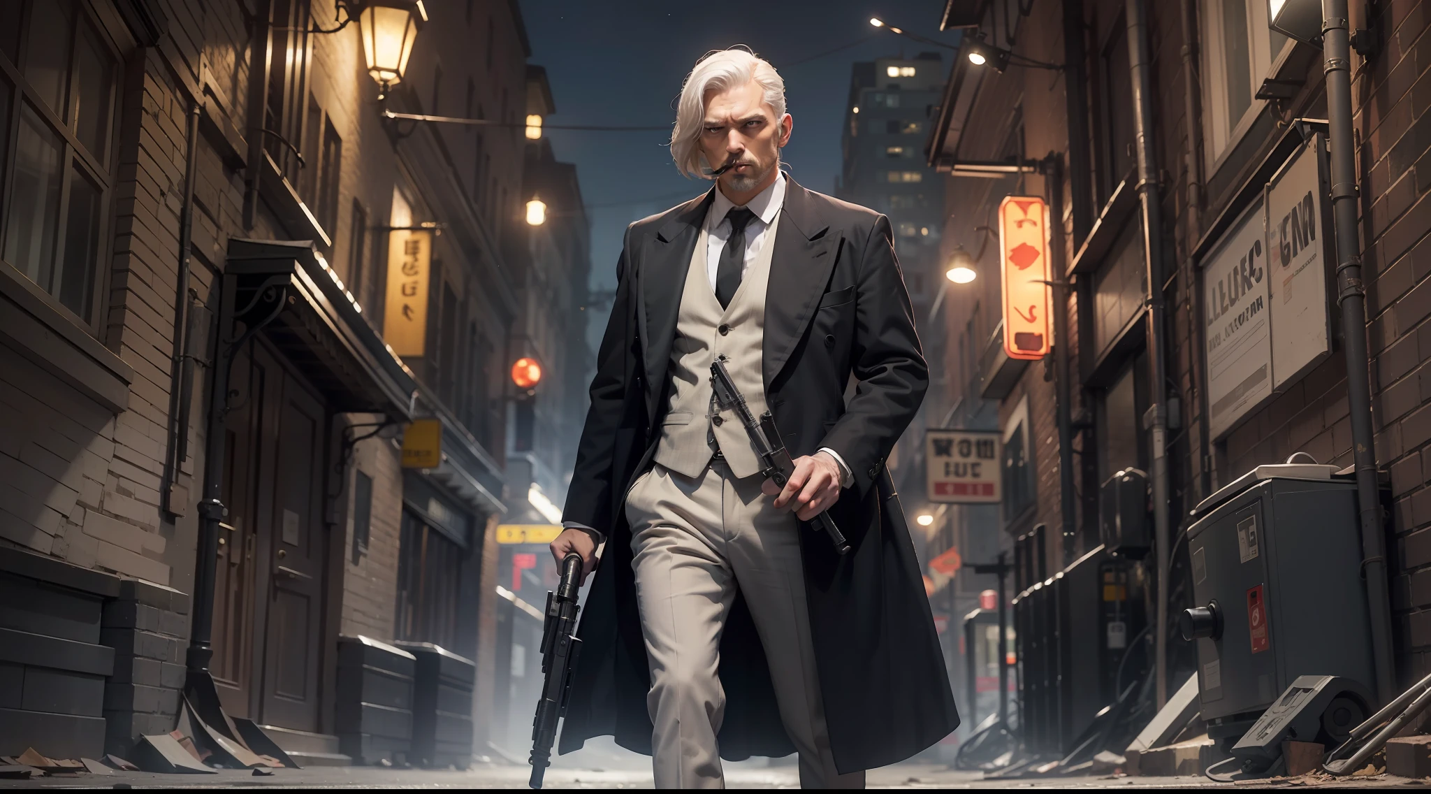 There is a man standing he is 45 years old, white hair parted in half without a beard dresses in a black overcoat suit, white shirt, gray vest and black pants, elegant, 20's style, peaky blinders, realistic, cigarette in his mouth with smoke, armed with a Tompson machine gun, holding gun in front of his body, full body image, Evil look from below Stop up, Angry, furry, standing in a dark alley in the night, night scene like a thug on the prowl
