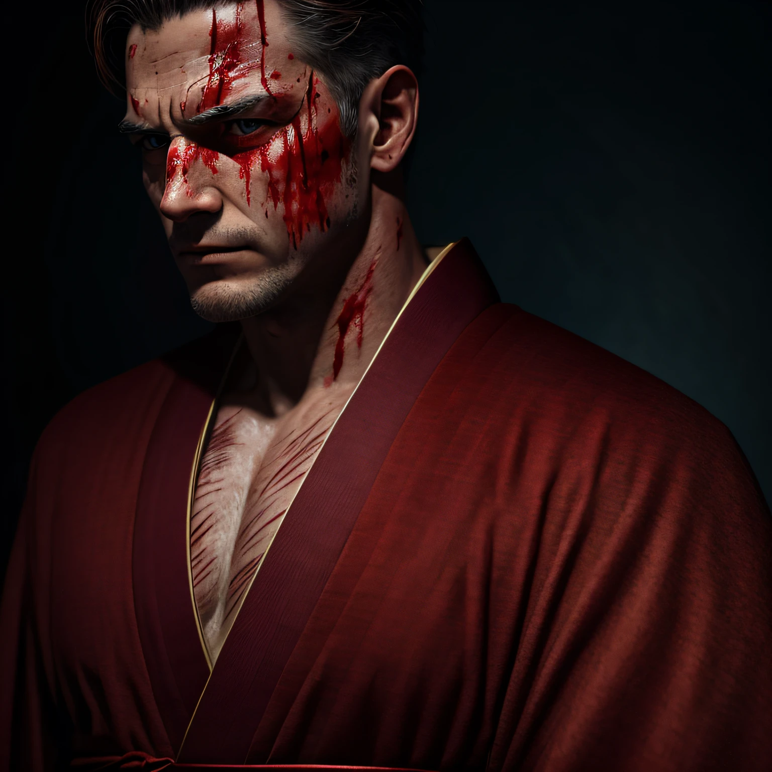 Murderous man, dressed in red kimono, covered in blood,with scar on face, highly detailed diffuse lighting --auto