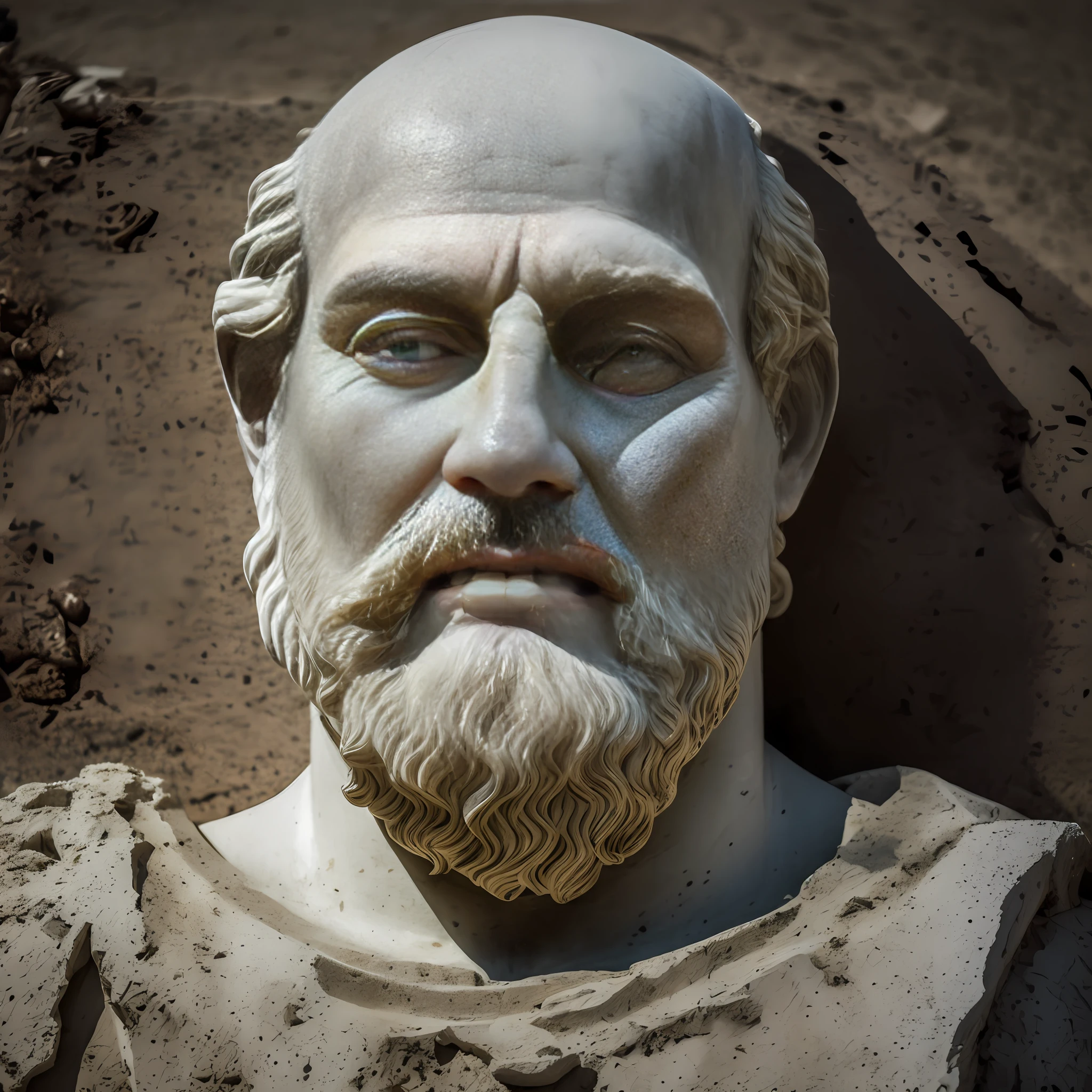 marble sculpture of the face of a Greek god ((bearded and bald)) in a destroyed place, cinematography, epic light and shadow, lots of contrast, professional photography