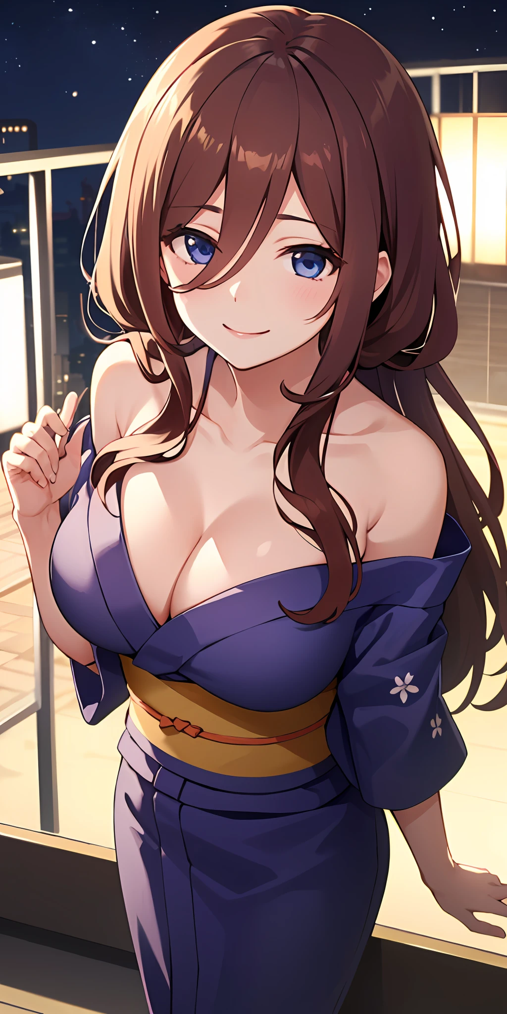(Best quality:1.3), nakano miku, brown long hair, hair between eyes, off-shoulder yukata, cleavage, large round breasts, smiling, night background, (from above view)