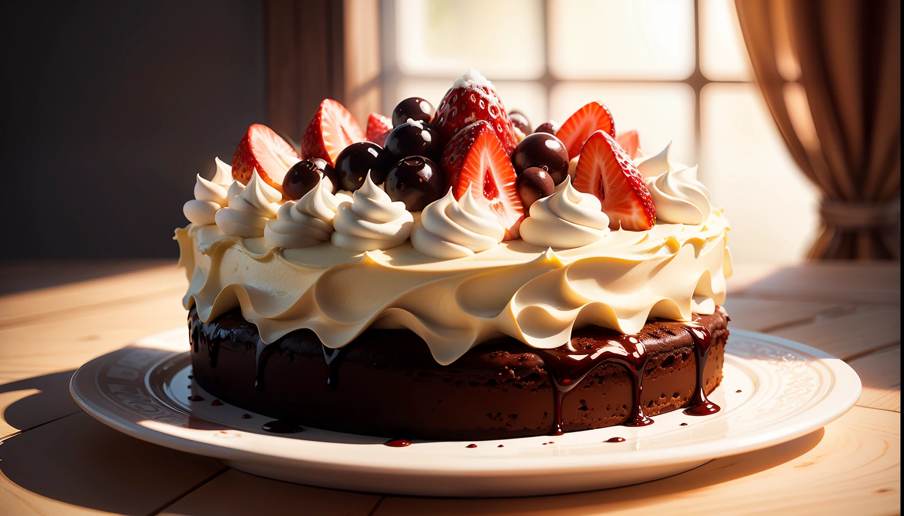 (high quality masterpiece:1.5), layered chocolate cake slice, (strawberries on top, white marenque pieces), view from the side, photorealistic, high details, intricate, sharp focus, 8K, HD, Full-HD, Ultra-HD, Super-Resolution, Megapixel, subsurface scattering, edge lighting, rim light, rim lighting, best lighting, refreshing, lumen Reflections, screen space reflections, Post Processing, Post-Production, TXAA, De-Noise, shaders --auto