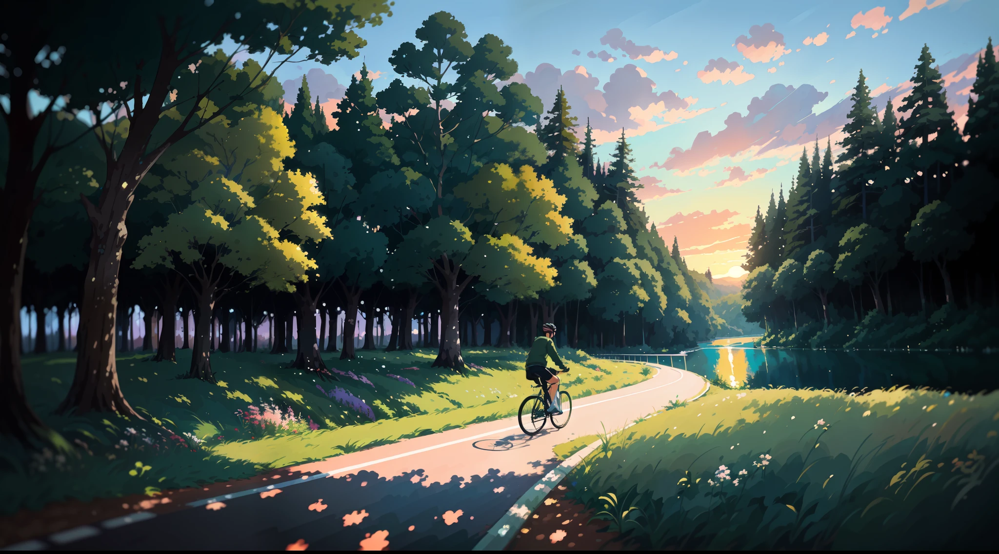 (bike: 1.5), (realistic bike: 1.5), (realistic cyclist: 1.5), back cyclist, lake, forest, tree, nature, sunset, shadows, contrast, makoto shinkai, (Best quality: 1.3), (Highres:1), Art by Studio Ghibli Style, Impressionism, Vibrant colors