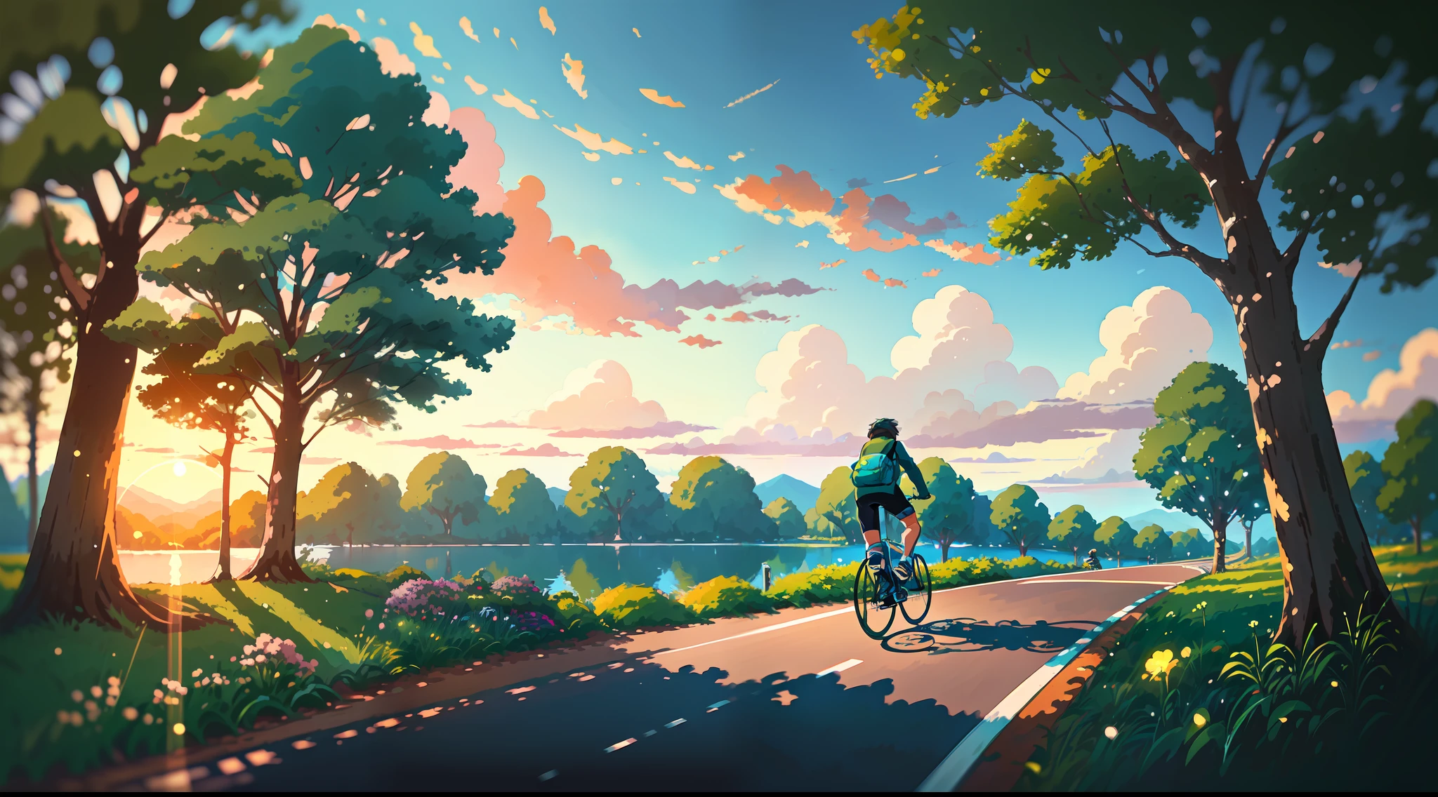 (bike: 1.5), (realistic bike: 1.5), (realistic cyclist: 1.5), back cyclist, lake, forest, tree, nature, sunset, shadows, contrast, makoto shinkai, (Best quality: 1.3), (Highres:1), Art by Studio Ghibli Style, Impressionism, Vibrant colors