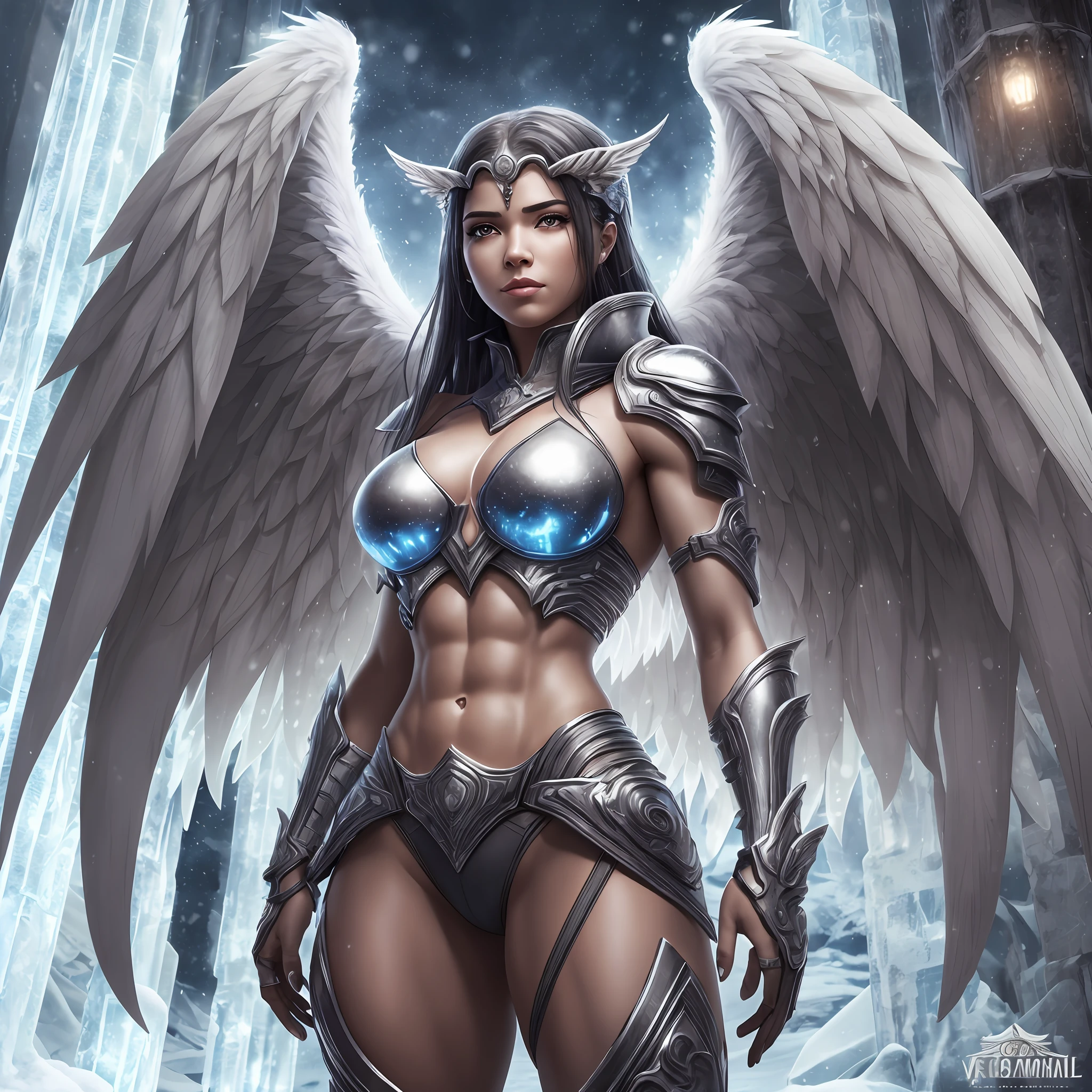 ultra high resolution, best quality, photos, 4k, (photorealistic: 1.4), cinematic lighting, female angel with large translucent wings, muscular woman, abdominal muscles dressed in medieval red armor, detailed feathers, cyberpunk environment, environment with snow and ice in background, ice cathedral, portal of the future, surround lighting, HD, magic, god of light, backlighting, detailed face, contrast, smooth skin --auto --s2