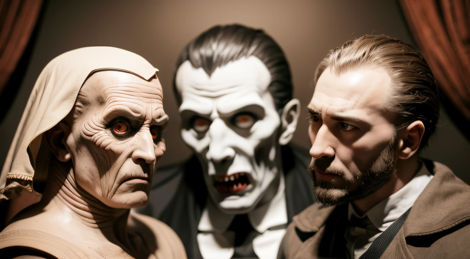 Hyper realistic photo of various wax figures of monsters such as Dracula, The Wolfman, The Hunchback, The Mummy, in a dimly lit Victorian room, hyper realistic faces, 60s horror movie style, HD, 8K, museum of horrors, cinematic
