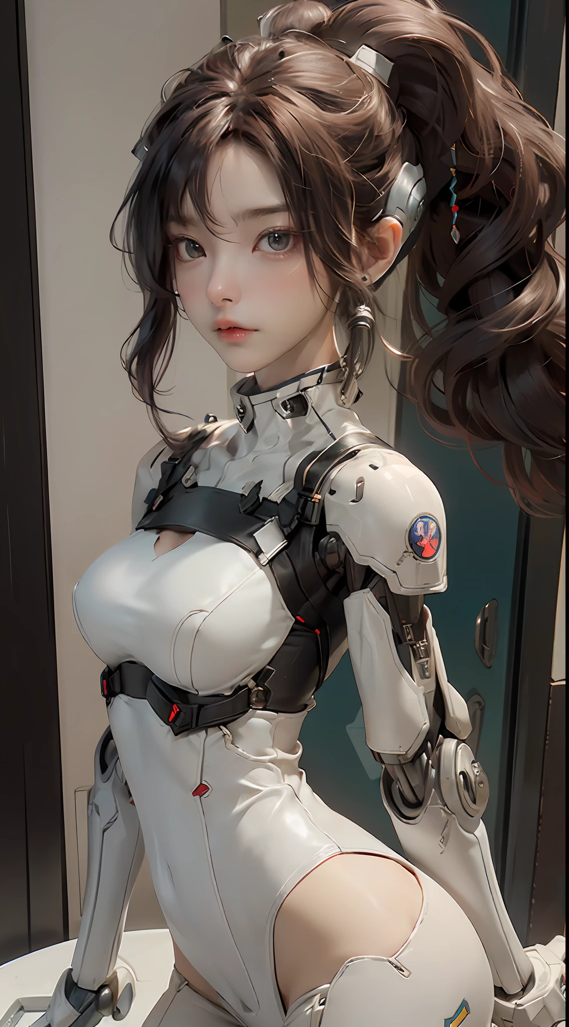 Extremely cute human girl face, human torso, human huge boobs, human abdomen, human hips, robotic arms, mechanical legs, arms and legs with hard white shiny shell and black joints, very beautiful and feminine, short, petite, small, small, busty buttocks, medium bust, cleavage display, flat belly display, partial helmet with antenna on the ear, black robot joints, very stylish, award-winning product design, black rubber tights, The shiny white metal breastplate opens at the cleavage and abdomen, the white metal buttocks are wrinkled, and the armor has stylish, glowing trims