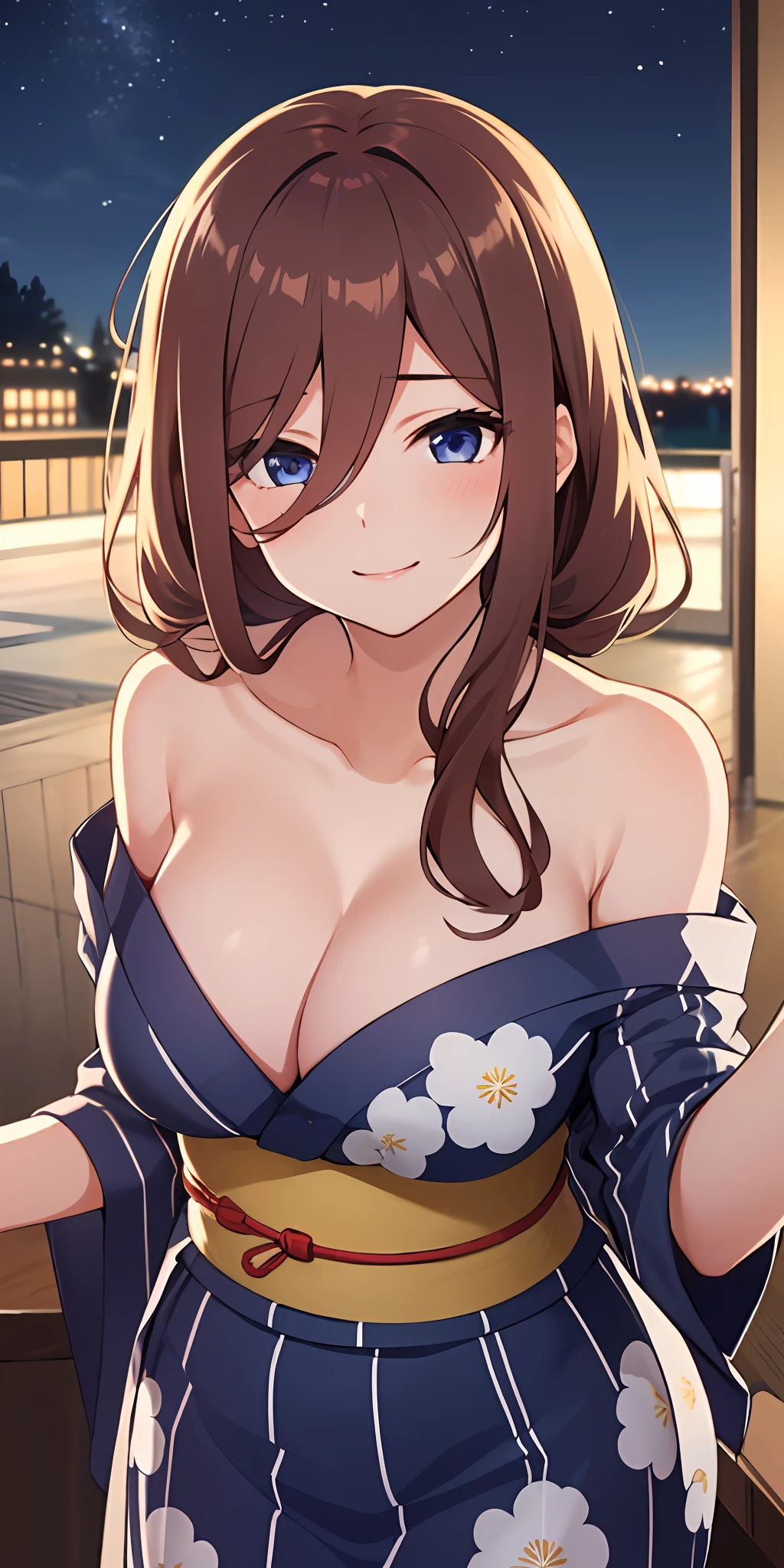 (Best quality:1.3), nakano miku, brown long hair, hair between eyes, off-shoulder yukata, cleavage, large round breasts, smiling, night background, pov)