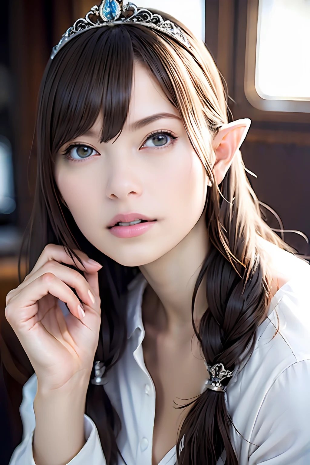 Ultra-detailed complex 3D rendering of the face, (Colossal: 8.8), (Masterpiece, Top Quality, Octane Rendering, 8K), Glamour shot full body image, very beautiful young elf, cleavage, (Very detailed skin: 1.2), (Exposure: 1.1), (Blonde Elf))), ((Wearing a plummeted open shirt of white silk: 1.5)), , Beautiful Caucasian woman with big buttocks full soft breasts and white skin, one, long braided hair, big breasts, dynamic angle, mystical expression, ultra-realistic photos, (((((portrait)))), bare feet, futuristic urban background, facial muscles, detailed and beautiful queen tiara, in the style of Marvel Comics, ArtStation trends, clear focus, studio photography, Intricate detail, highly detailed, detailed yellow eyes, sharp focus, digital rendering, professional, abs, shot with Canon EOS R 6, (Sexy Pose))), Natural Jungle,