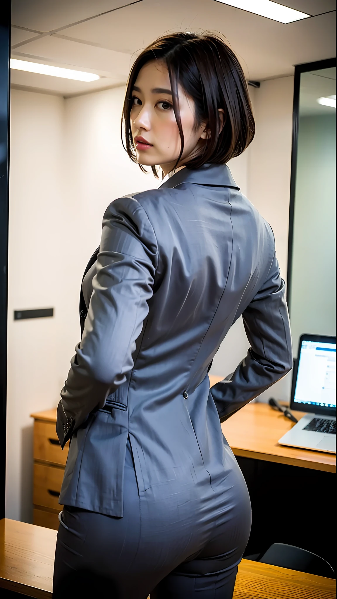 (Top Quality, 8k, 32k, Masterpiece, UHD: 1.2), 1 Girl, Beautiful Japan Woman, Thin Waist, Gray Suit, Open Jacket, Office Lady, Suit, Pants, From Back, Office, Desk, (Protruding Butt: 1.2), Fine Face, Short Hair, Big Ass, Big, Side