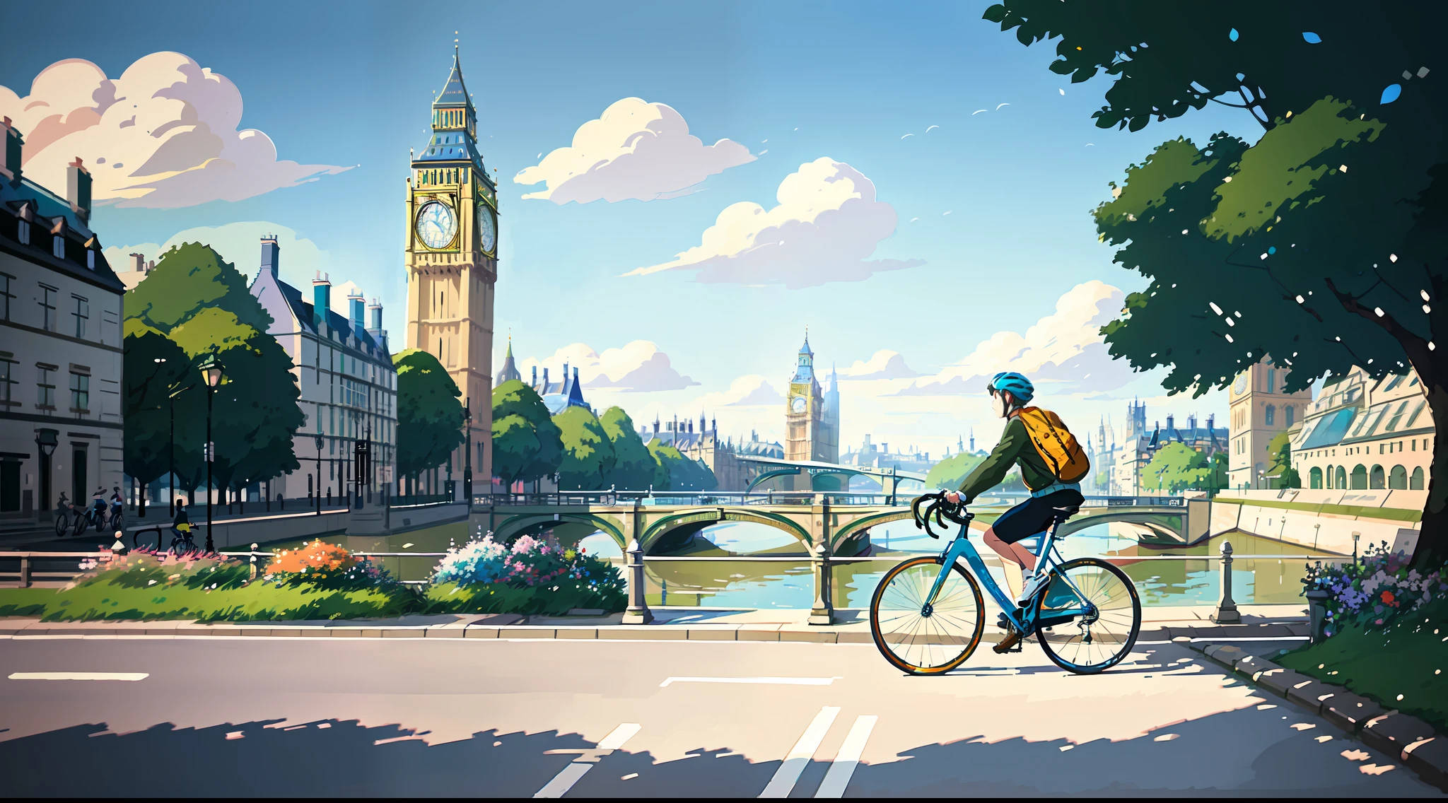 (bike: 1.5), (realistic bike: 1.5), (realistic cyclist: 1.5), back cyclist, lake, london, city, big ben, thames, sun, shadows, contrast, makoto shinkai, (Best quality: 1.3), (Highres:1), Art by Studio Ghibli Style, Impressionism, Vibrant colors
