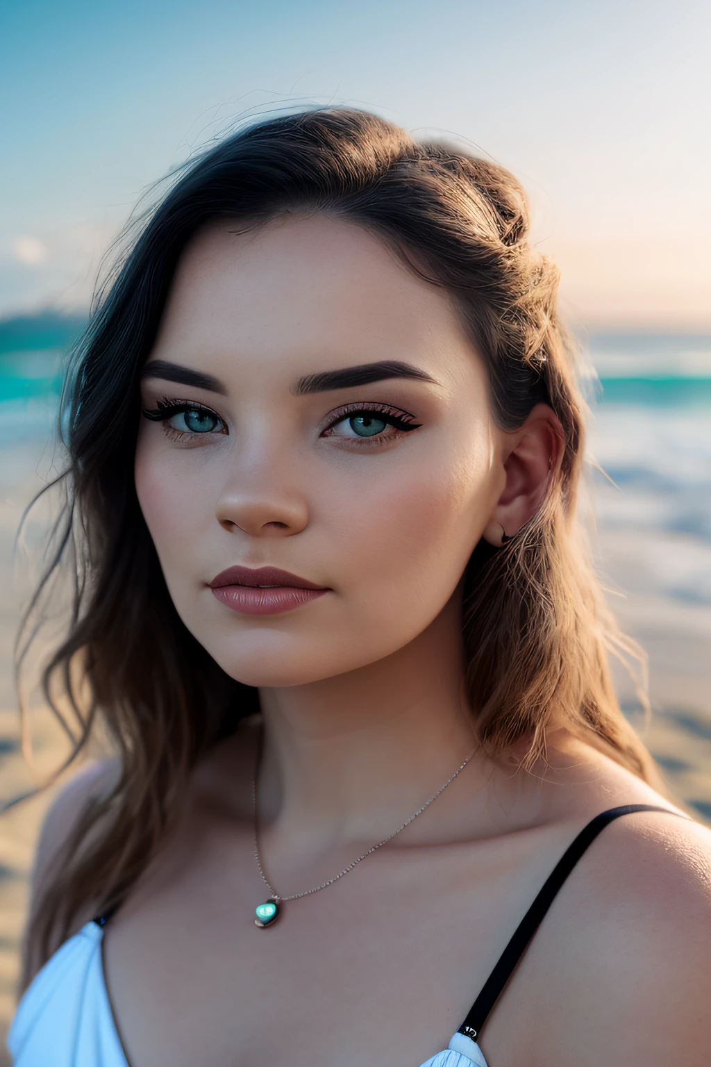 ASMRDarling (sharp focus:1.2), photo, (beautiful face:1.1), detailed eyes, luscious lips, (cat eye makeup:0.85), wearing (bikini:1.2) on a (beach:1.2), depth of field, bokeh, 4K, HDR. by (James C. Christensen:1.2|Jeremy Lipking:1.1).