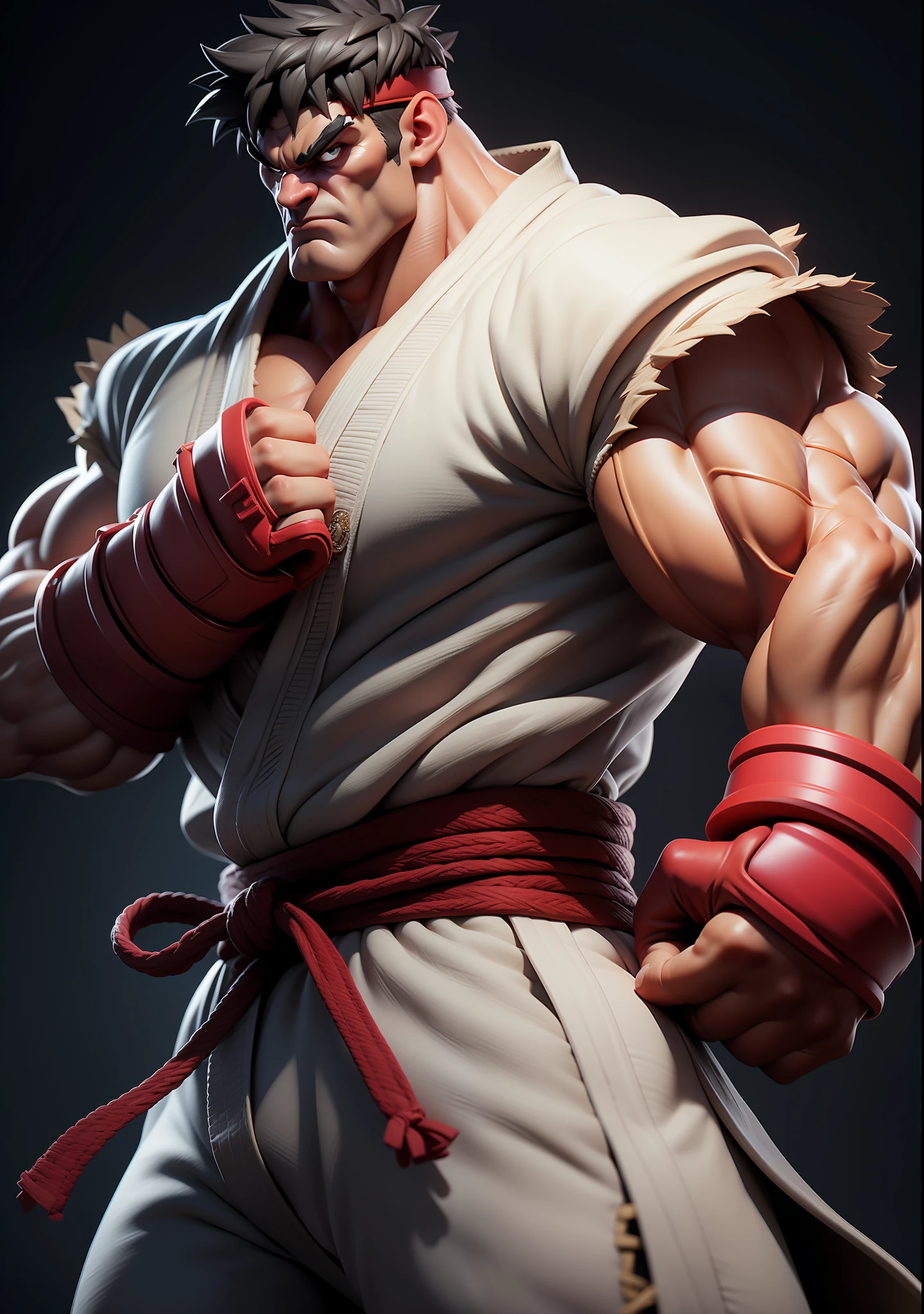 Ryu (street fighter), ultra realistic, gloves on hands, white clothes, defined muscles, serious face, ryu, arms crossed, imposing posture, unreal engine 5, 8k, --s 750