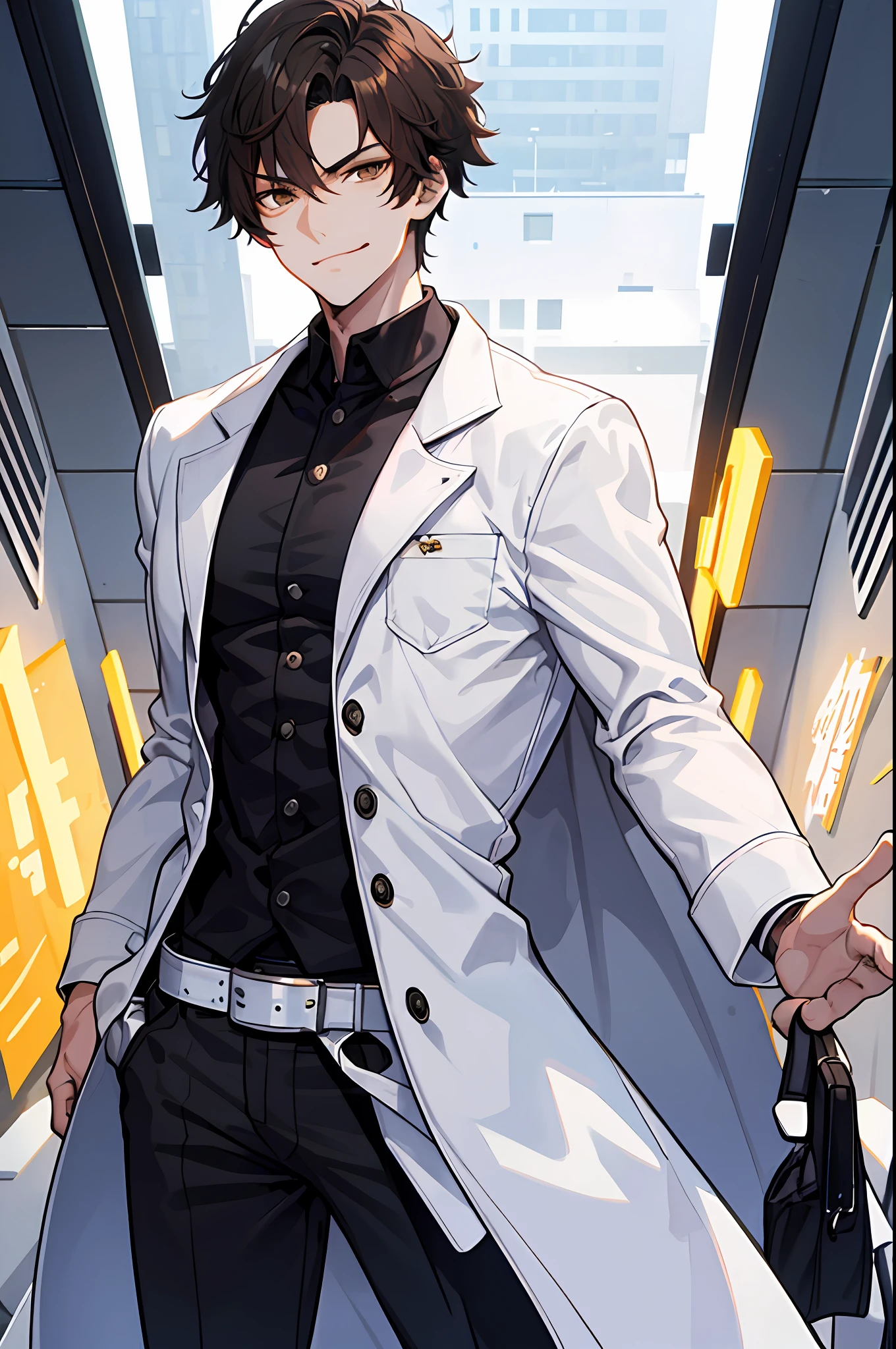 masterpiece, best quality, 1boy, short hair, korean hairstyle, handsome, solo, trendy, dark brown hair, brown eyes, lean body, muscular body, tall body, masculine, alpha male, clean shaven face, youthful face, broad shoulders, tiny waist, round butts, modern, doctor, doctor coat, white coat, smirking, proportional body, perfect anatomy, correct limbs, looking at viewer, hospital