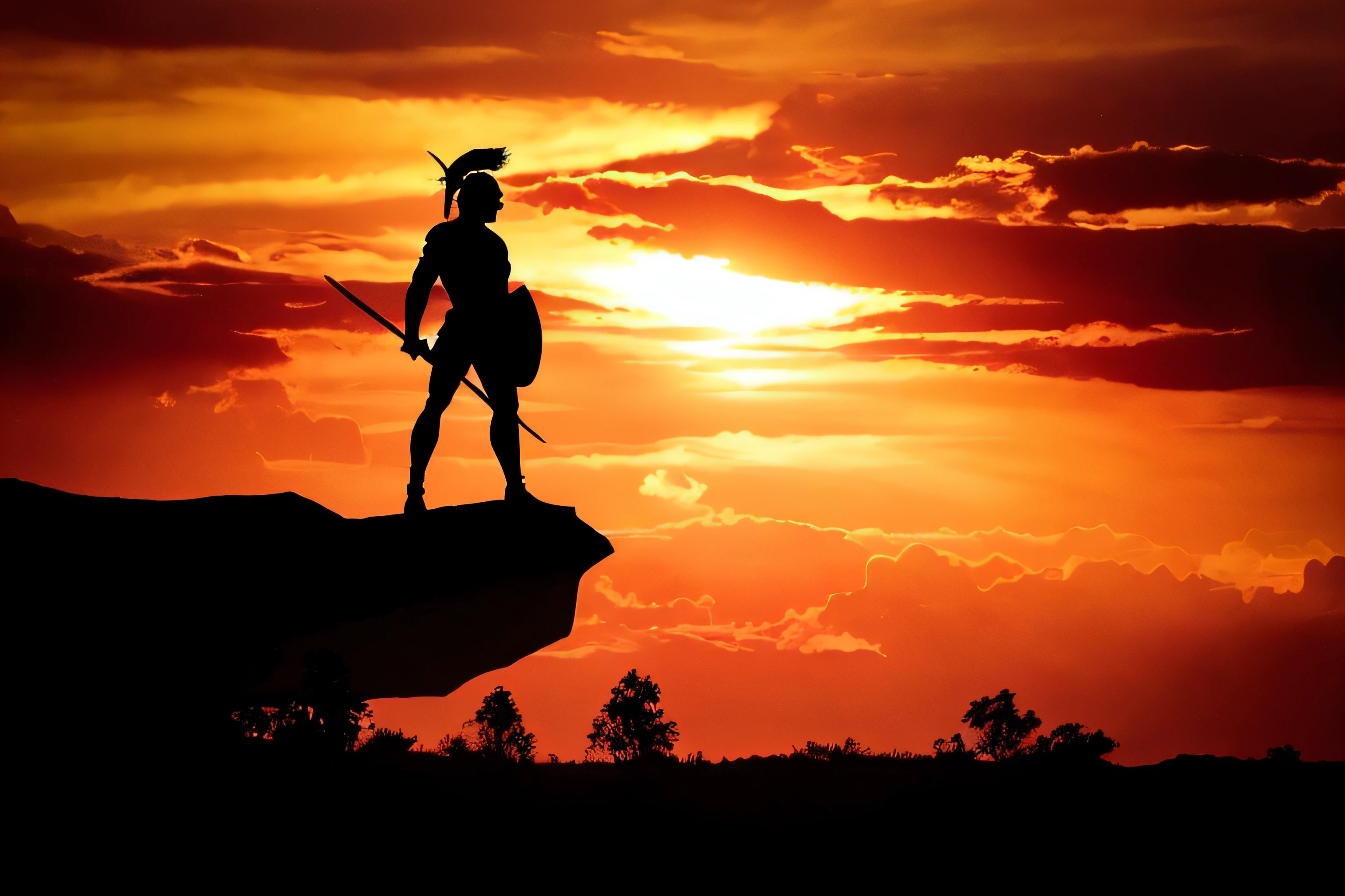 arafed silhouette of a warrior standing on a rock with a sword, spartan warrior, ancient soldier, strong silhouette, dressed in spartan armour, silhouette over sunset, greek amazon warrior, spartan, powerful warrior, ancient warrior, standing in a heroic figure, warrior holding two swords, warrior fighting in a dark scene, warrior, warrior woman, picture of an adult male warrior