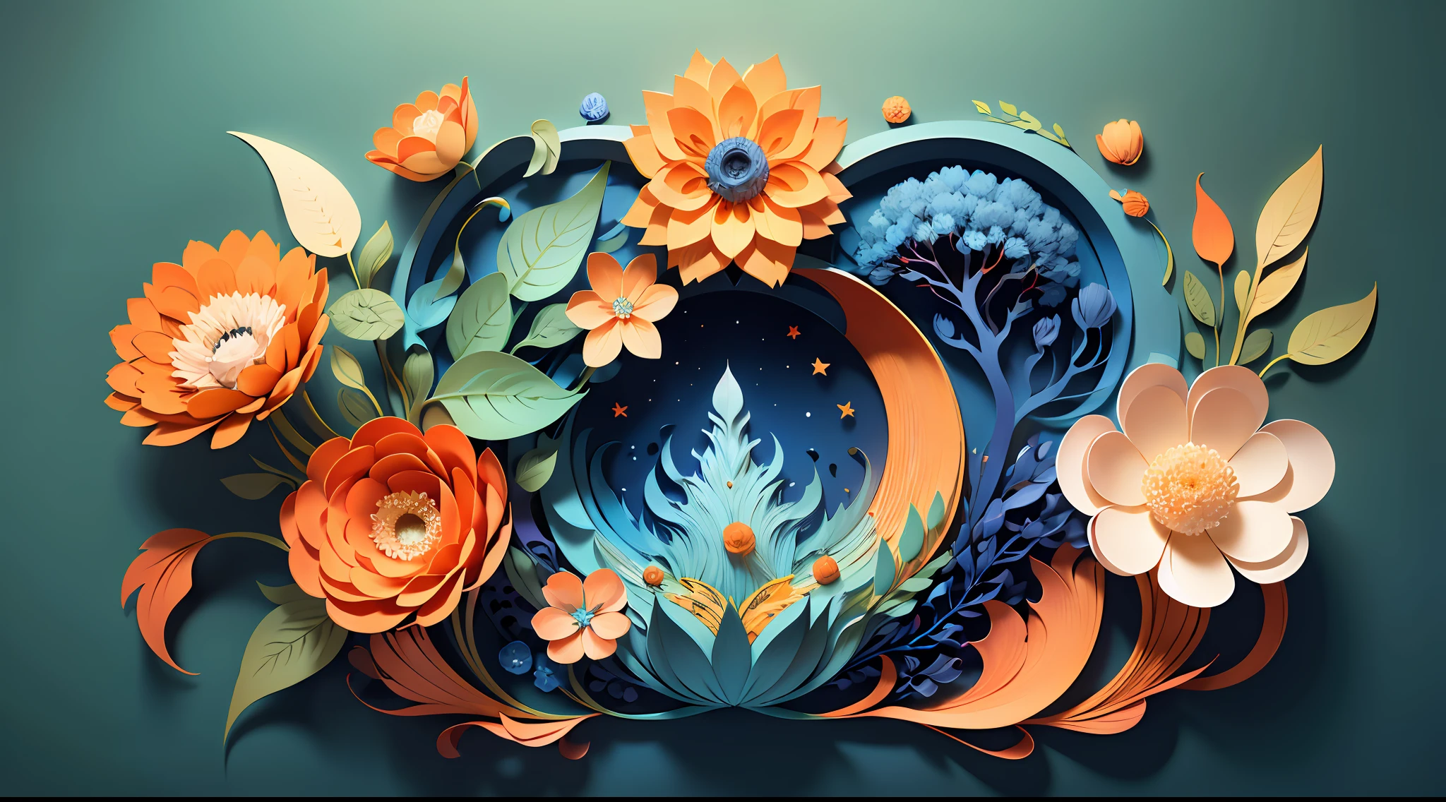 (((masterpiece))), bestquality, illustration, beautifuldetailedglow, paper_cut,orange and blue