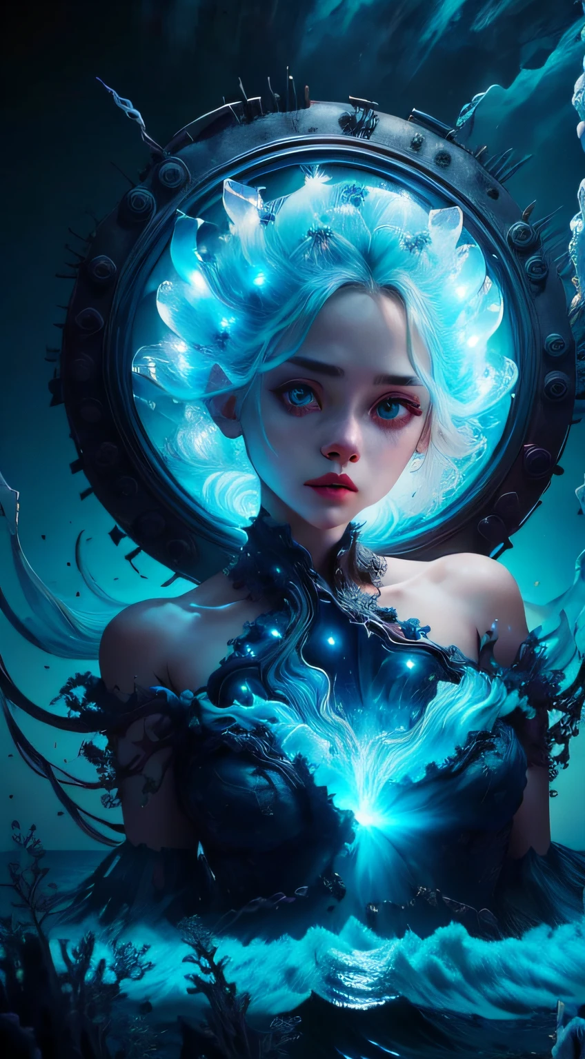 ((Bestquality)), ((A Masterpiece)), ((realisti)), portraits,1girle, heavenly bodies, GOD, a goddess, Light particles, Halo, looks at the viewer, Firm eyes, Bare Shoulders, Chest tube parietal, Poker face,(bioluminescense:0.9 girls 5)Ocean, bioluminescense, full of energy, colorful,,,,,,,, colour, (bioluminescence, bioluminescence),(Beautiful composition), Cinematic Lights, Wheels within wheels, (symmetric:0.5 girls), Whimsical,