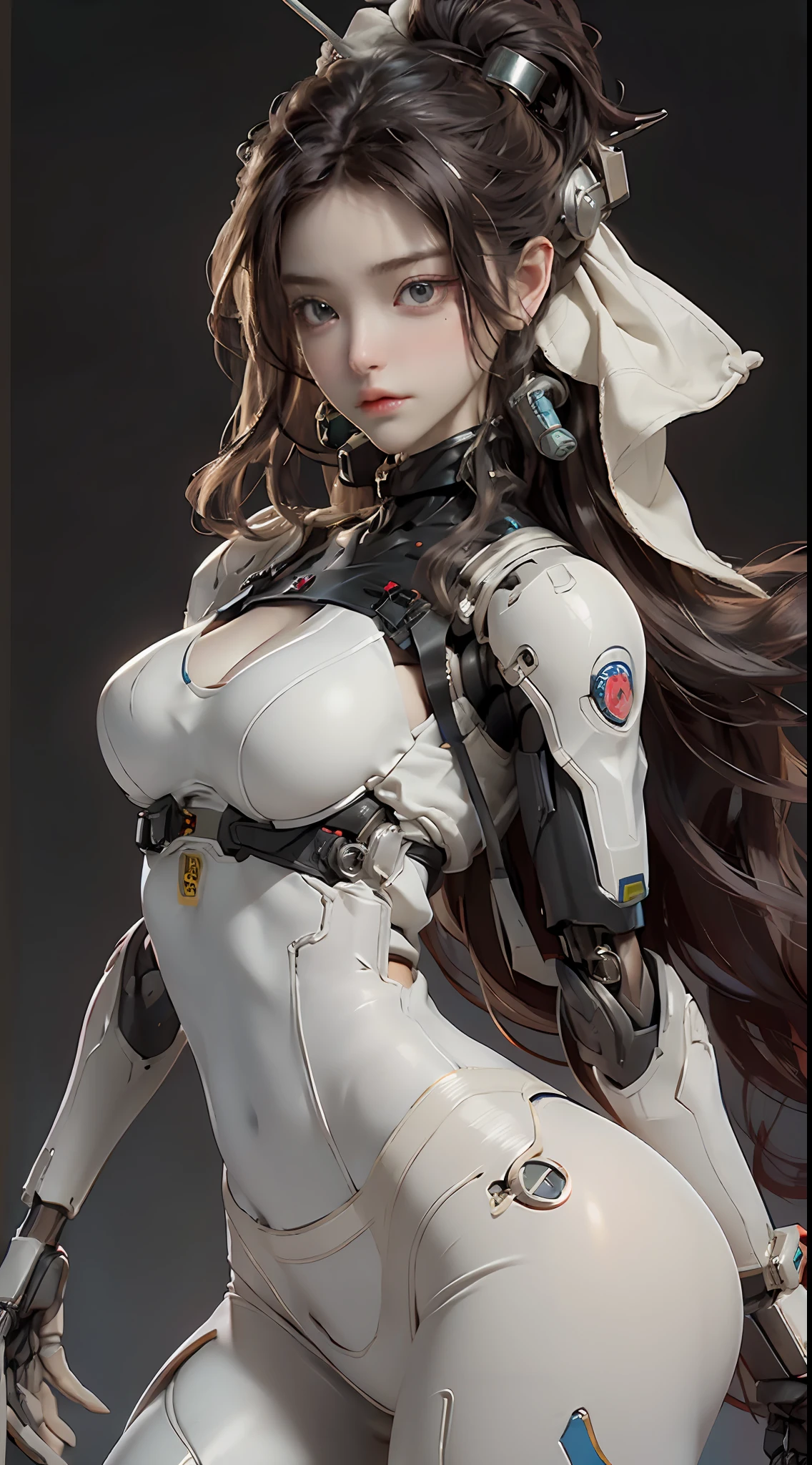 angry, Extremely cute human girl face, human torso, human huge boobs, human abdomen, human hips, robotic arms, mechanical legs, arms and legs with hard white shiny shell and black joints, very beautiful and feminine, short, petite, small, small, busty buttocks, medium bust, cleavage display, flat belly display, partial helmet with antenna on the ear, black robot joints, very stylish, award-winning product design, black rubber tights, The shiny white metal breastplate opens at the cleavage and abdomen, the white metal buttocks are wrinkled, and the armor has stylish, glowing trims