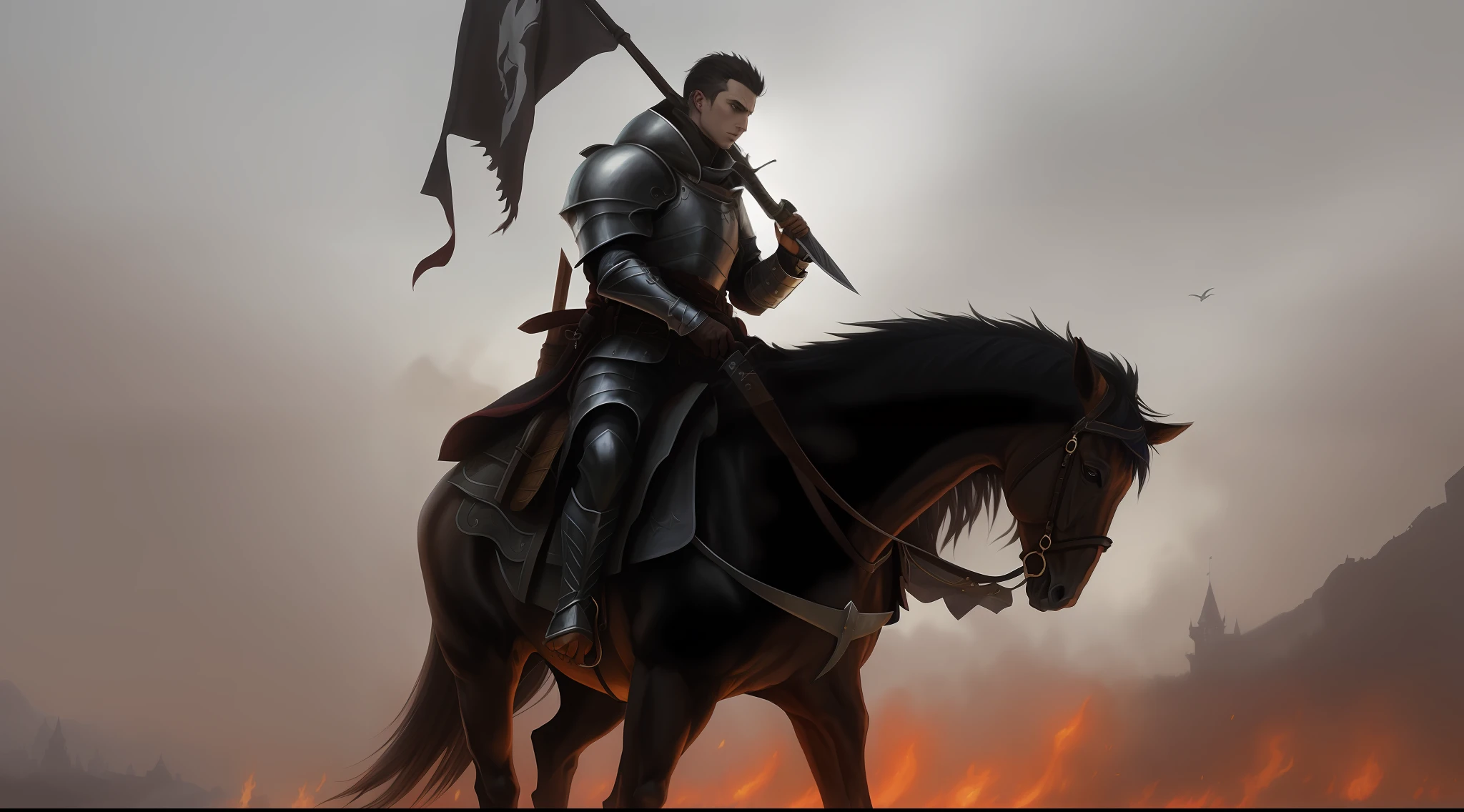 painting of a man on a horse with a flag on it, gothic knight, painting of a knight, medieval fantasy game art, knight on horseback, epic fantasy novel cover art, berserk style, by Yang J, medieval fantasy art, fantasy knight, knight carries a big sword, scary knight,  medieval concept art, knight, medieval dark fantasy, evil knight, ultra realistic, 4k, with slightly higher flames --auto