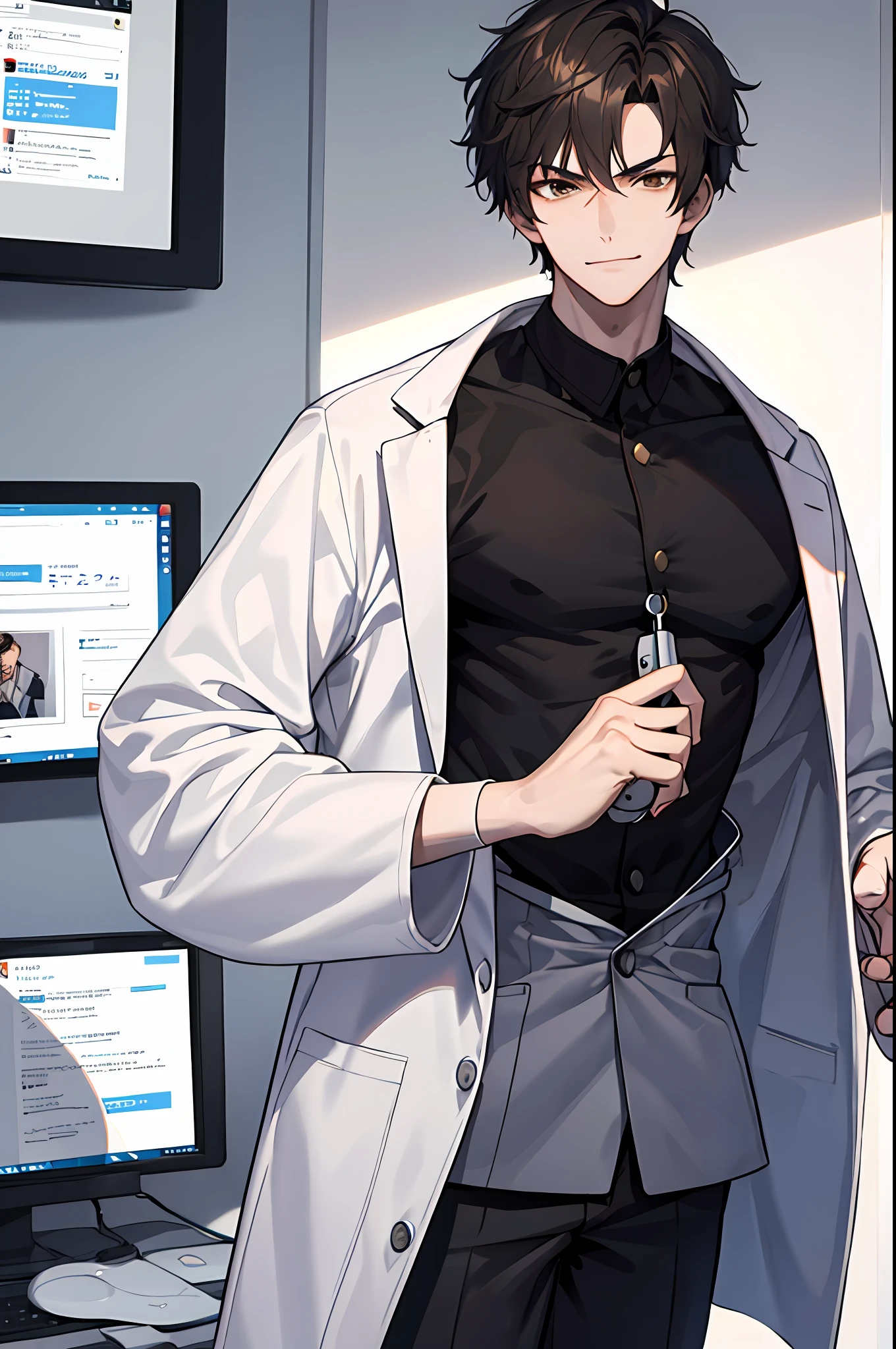 masterpiece, best quality, 1boy, short hair, korean hairstyle, handsome doctor, solo, trendy, dark brown hair, brown eyes, lean body, muscular body, tall body, masculine, alpha male, clean shaven face, youthful face, broad shoulders, tiny waist, round butts, modern, doctor, doctor uniform, white coat, smirking, proportional body, perfect anatomy, correct limbs, looking at viewer, in hospital, stethoscope