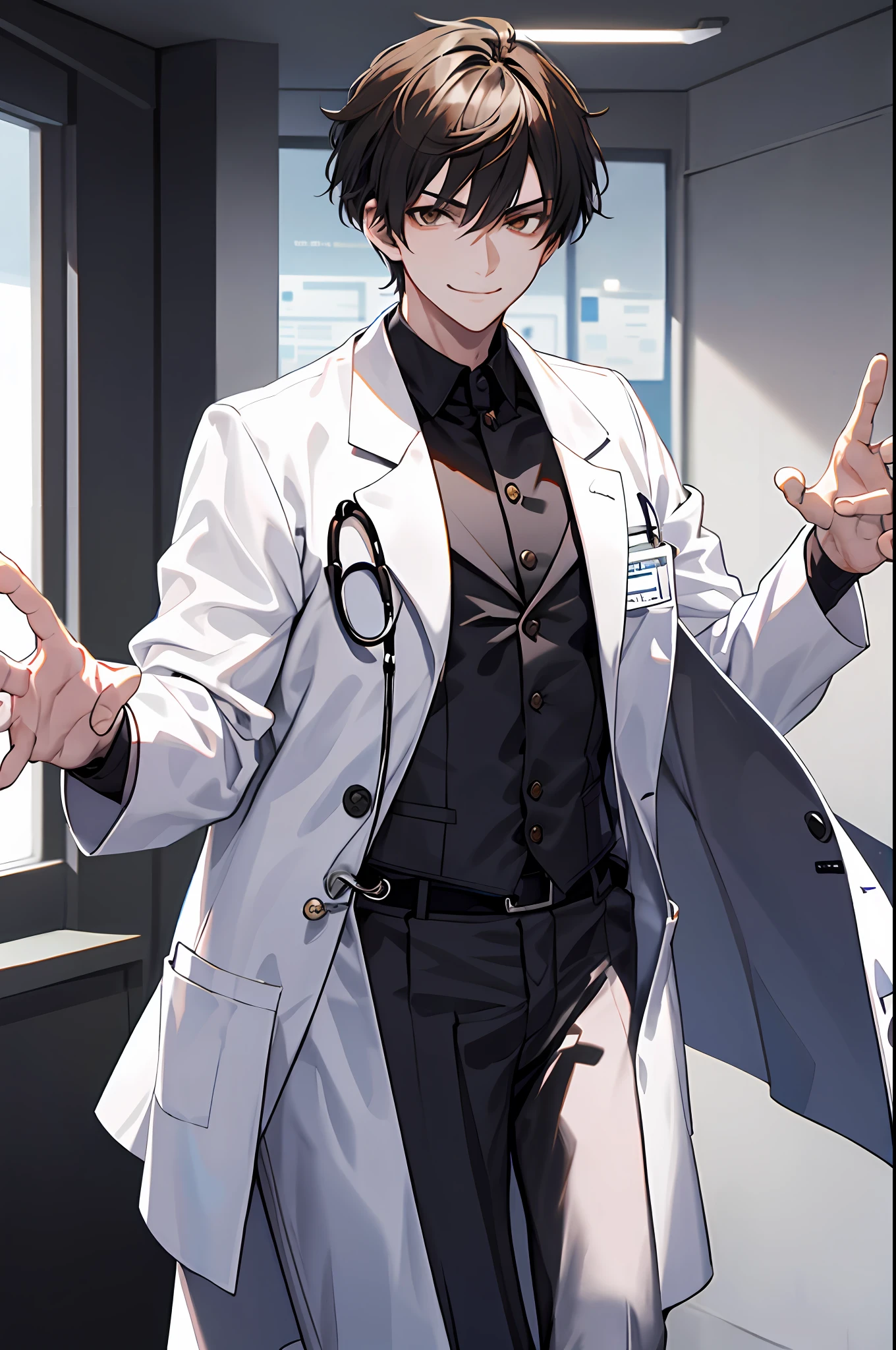 masterpiece, best quality, 1boy, short hair, korean hairstyle, handsome doctor, solo, trendy, dark brown hair, brown eyes, lean body, muscular body, tall body, masculine, alpha male, clean shaven face, youthful face, broad shoulders, tiny waist, round butts, modern, doctor, doctor uniform, white coat, smirking, proportional body, perfect anatomy, correct limbs, looking at viewer, in hospital, stethoscope