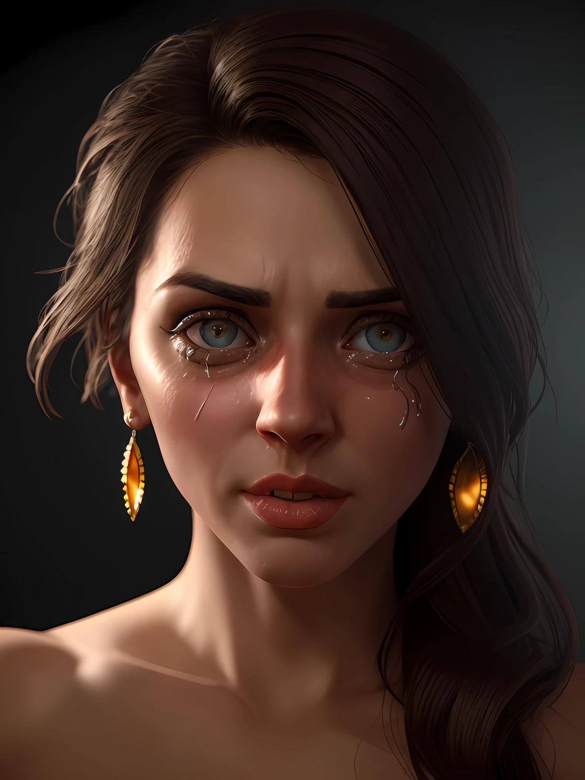 A woman with a teary face and earrings on her head - SeaArt AI