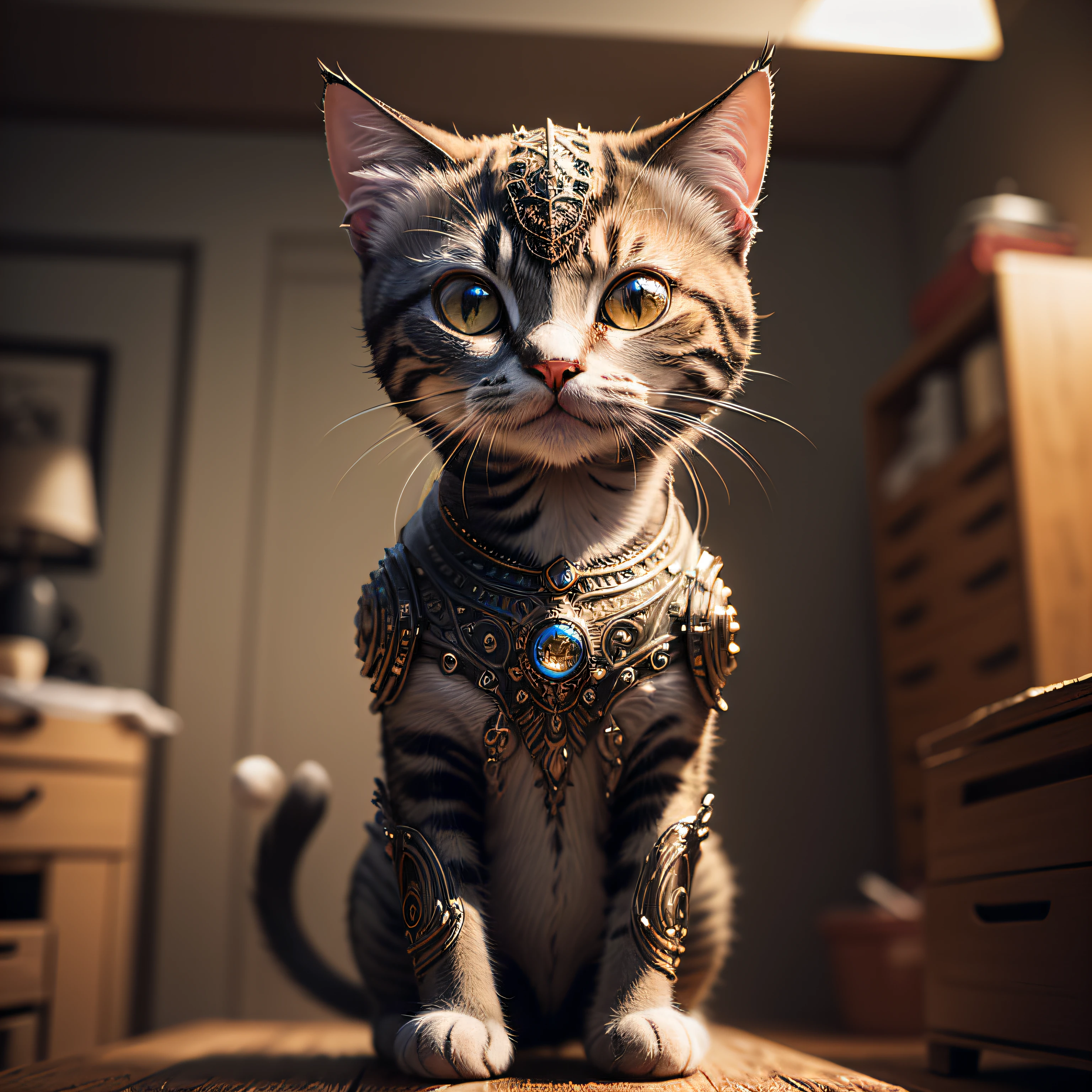 cute kitty made of metal, (cyborg:1.1), ([tail | detailed wire] :1.3), (intricate detail), HDR, (intricate detail, hyper-detailed:1.2), cinematic shot, vignette, centered --auto