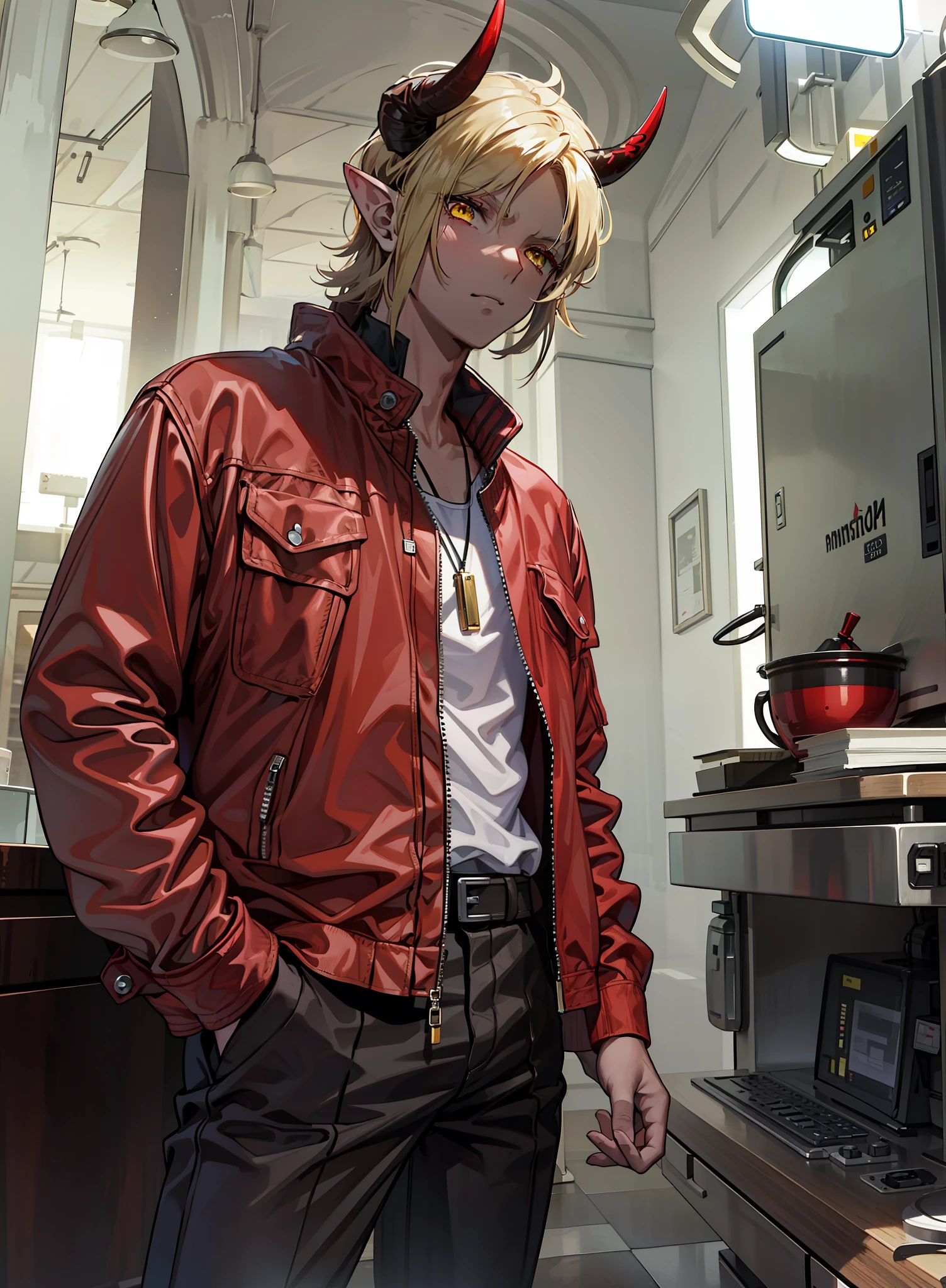Boy, brown skin, red jacket, pointy ears, horns,4k, yellow eyes, scarf on neck