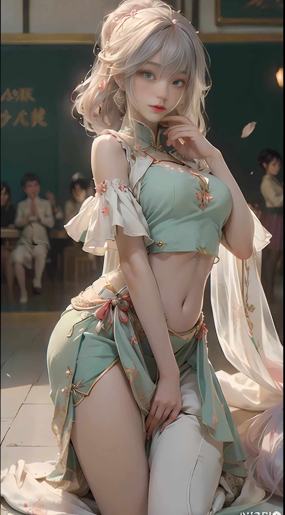 Image of a woman in a belly dance costume, there is a girl in a green dress, plum blossoms, palaces, oriental architecture ray tracing, {best quality}, {masterpiece}}, extremely detailed 8K wallpaper, {an extremely delicate and beautiful}, colorful, intricate details, realism, realism, camera quality, (meticulously portrayed clothes), cold white skin, (meticulously portrayed blush), 1080p, sun, soft cute, smooth light silver hair, messy beauty, lighting, brokenness, shiny and silky skin, 3D stereoscopic, masterpiece, best quality, illustration super fine, beautiful eyes, very delicate light, fine luminescence, very fine 8K CG wallpaper, peach blossom eyes, red pupils, an extremely delicate beautiful girl, 8k wallpaper, best quality, full body close-up, white long dress, luxurious silky bright red chiffon flood (illusion, glitter, ultra-thin, soft,) long skirt, vest line