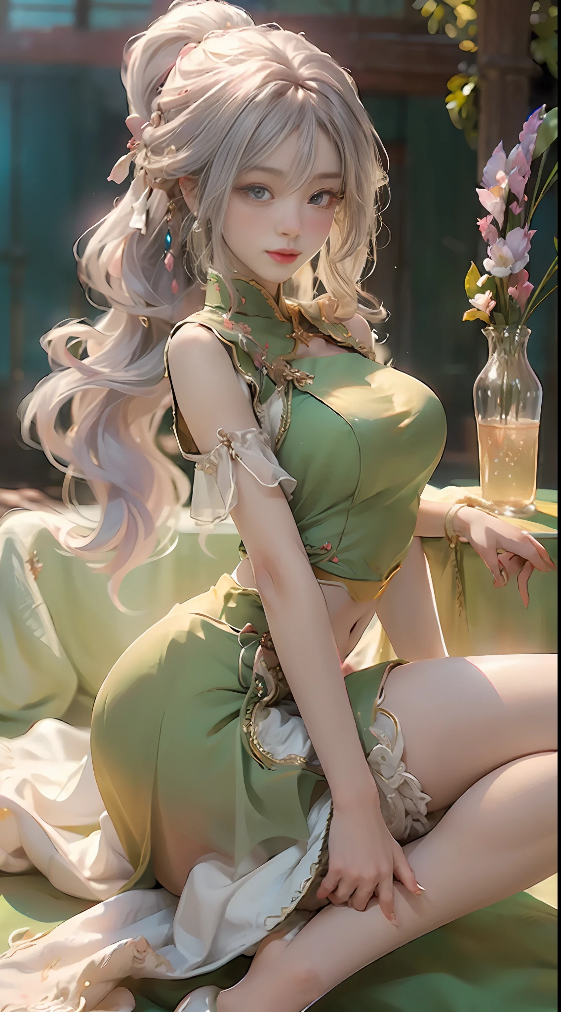 Image of a woman in a belly dance costume, there is a girl in a green dress, plum blossoms, palaces, oriental architecture ray tracing, {best quality}, {masterpiece}}, extremely detailed 8K wallpaper, {an extremely delicate and beautiful}, colorful, intricate details, realism, realism, camera quality, (meticulously portrayed clothes), cold white skin, (meticulously portrayed blush), 1080p, sun, soft cute, smooth light silver hair, messy beauty, lighting, brokenness, shiny and silky skin, 3D stereoscopic, masterpiece, best quality, illustration super fine, beautiful eyes, very delicate light, fine luminescence, very fine 8K CG wallpaper, peach blossom eyes, red pupils, an extremely delicate beautiful girl, 8k wallpaper, best quality, full body close-up, white long dress, luxurious silky bright red chiffon flood (illusion, glitter, ultra-thin, soft,) long skirt, vest line