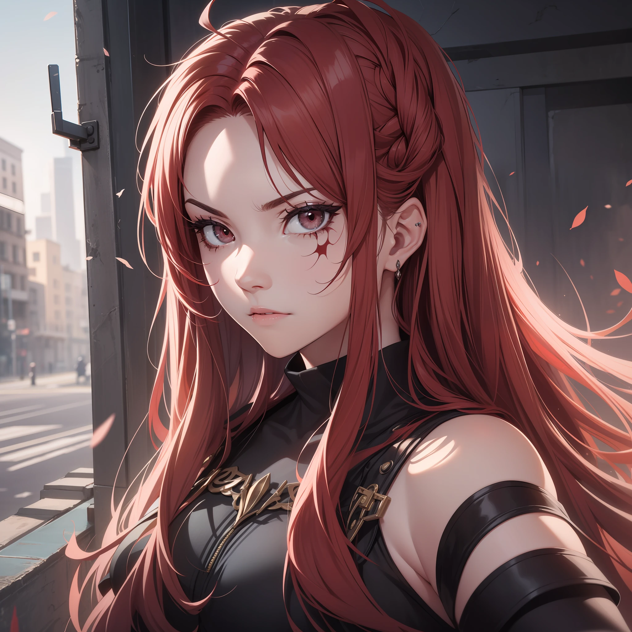 Mature girl, long red hair, totally white eyes, scar on right eye, intimidating, stare on camera, 4k, good quality