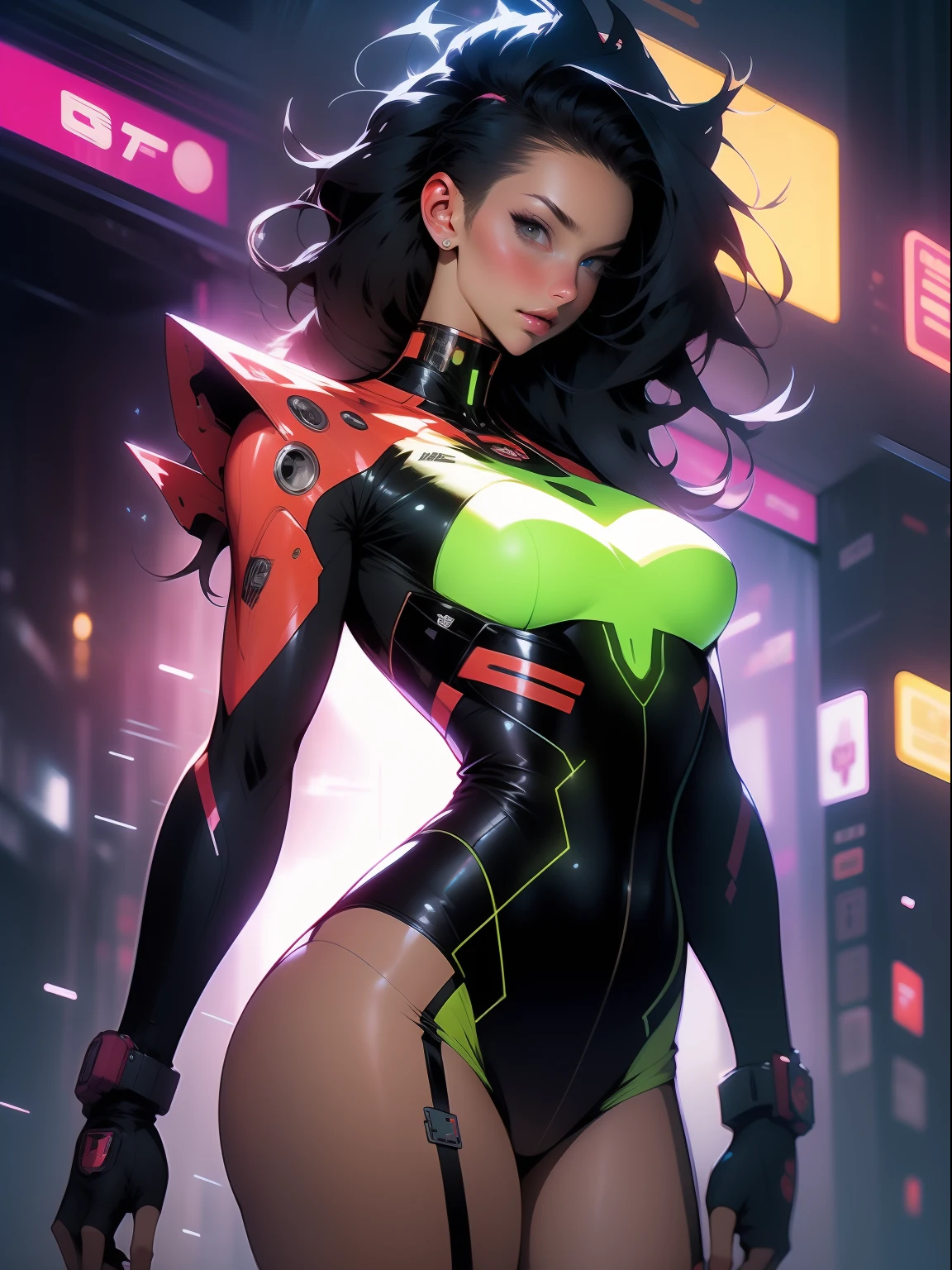 ((Best quality)), ((masterpiece)), (detailed: 1.4), (Nonsense), Tank pilot woman ready for war, shiny skin, perfect body, defined muscles, half thick bare thighs, closed mouth, only in panties, include stars in clothing, muscular body covered by technological clothing, Neon Genesis Evangelion style and Honor Impact, cyberpunk, generous neckline, ((perfect large breasts)), (green eyes without pupils), ((clothing in the colors of the flag of Ukraine)), (((black Mohawk hair)))), (thin stripes covering the breasts), (Psychedelic tattoo on the arms), ((circuit drawings)), short underwear, garter belt, by mucha, niji --V5, close to real, psychopath, crazy face, sexy pose, background with a giant Gundam style robot head, 2 piece clothing, fractal shoulder pads, pastel, centralized, scale to fit dimensions, HDR (High Dynamic Range),Ray Tracing,NVIDIA RTX,Super-Resolution,Unreal 5,Subsurface dispersion, PBR texture, Post-processing, Anisotropic filtering, Depth of field, Maximum clarity and sharpness, Multilayer textures, Albedo and specular maps, Surface shading, Accurate simulation of light-material interaction, Perfect proportions, Octane Render, Two-tone lighting, Wide aperture, Low ISO, White Balance, Rule of Thirds, 8K RAW, crysisnanosuit